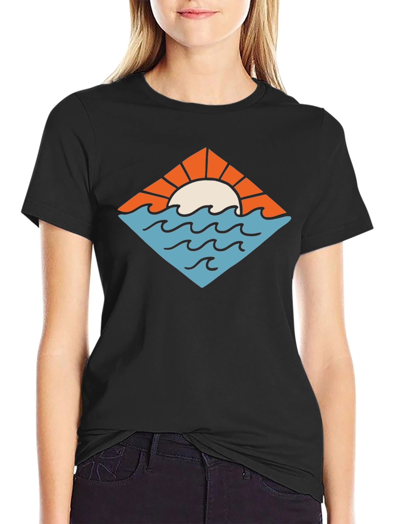 Sunset Ocean Graphic Tee - Black Cotton T-Shirt