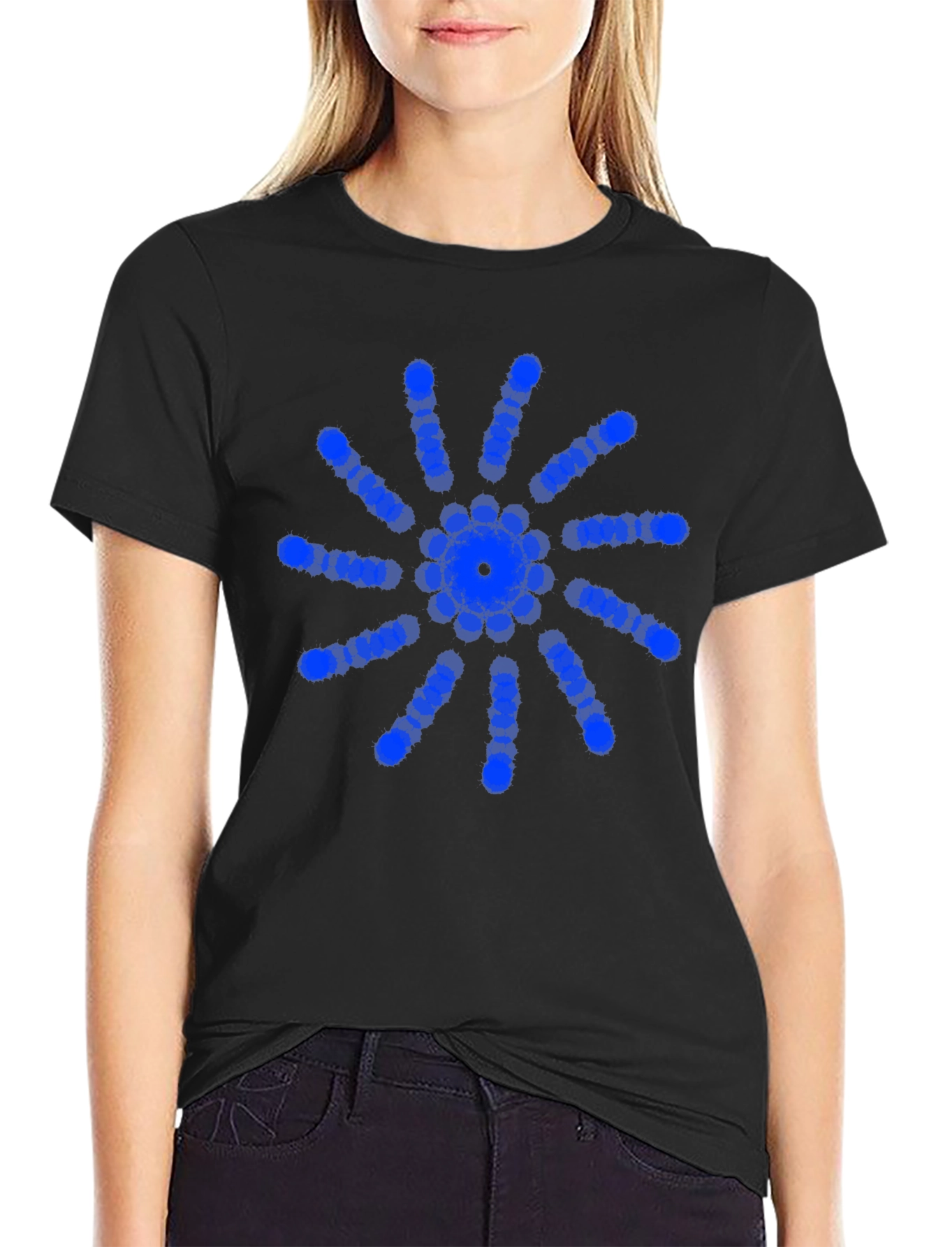 Modern Blue Circle Burst Design Black T-Shirt