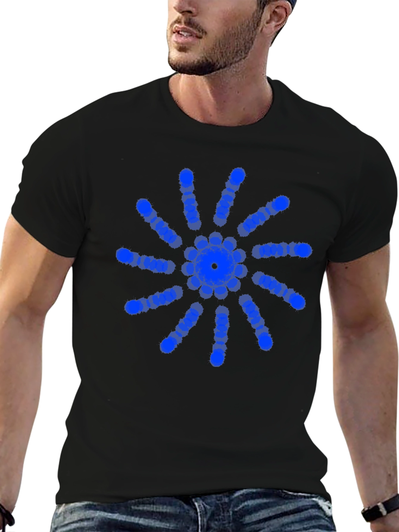 Modern Blue Circle Burst Design Black T-Shirt