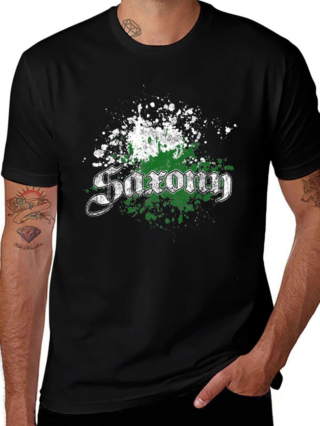 Saxon T-Shirt - Distressed Green & White Design