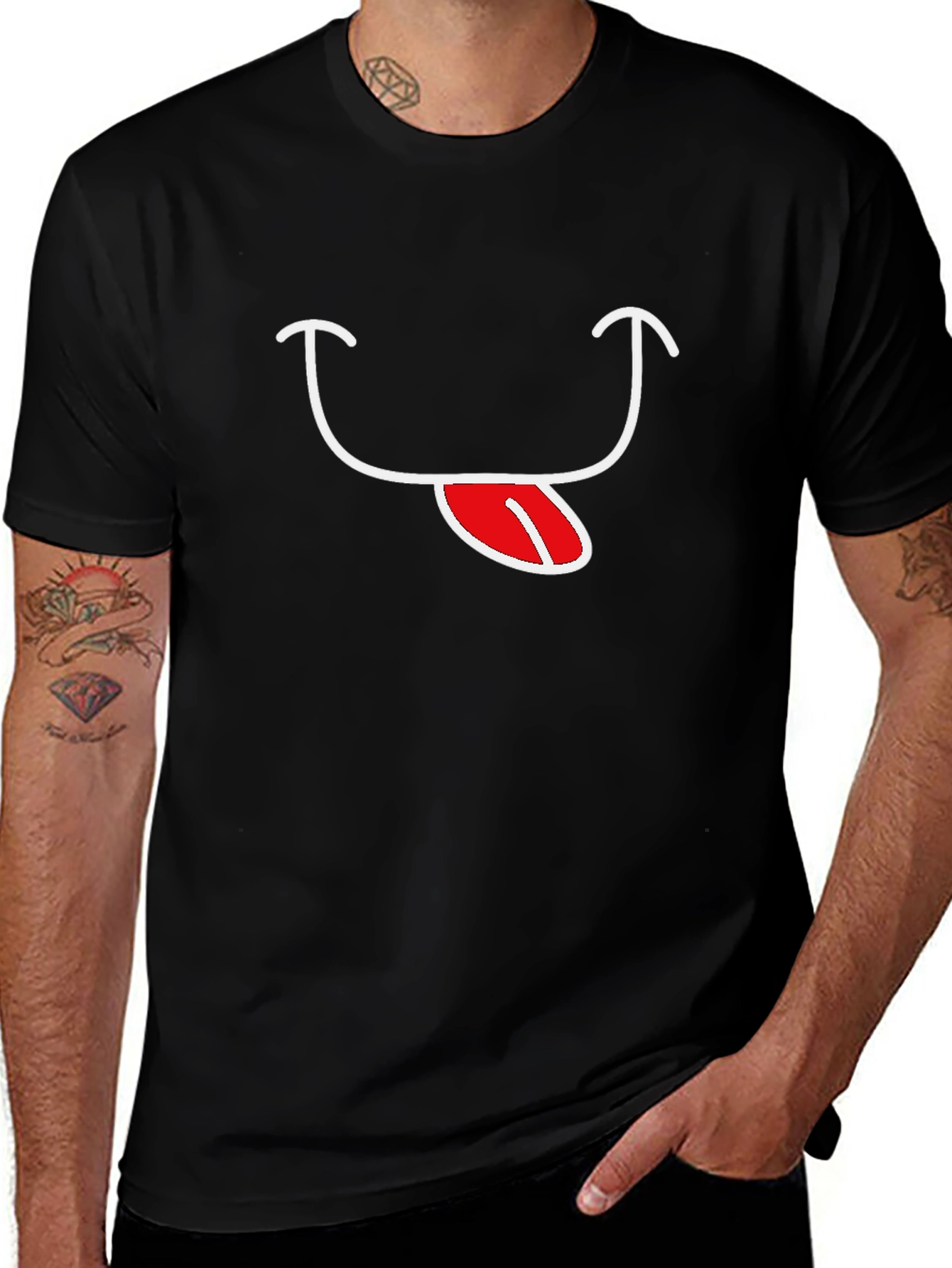 Black T-Shirt with Funny Tongue Smile Graphic