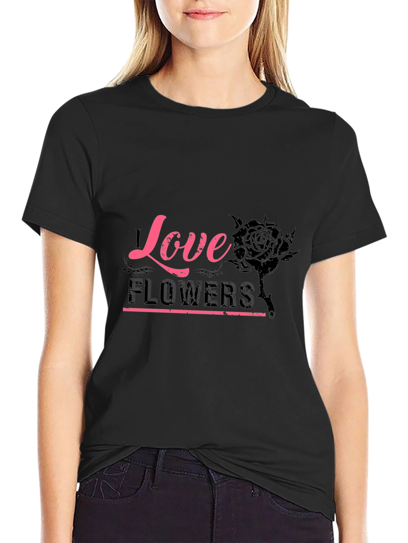 Love Flowers Graphic Tee - Black Cotton T-Shirt