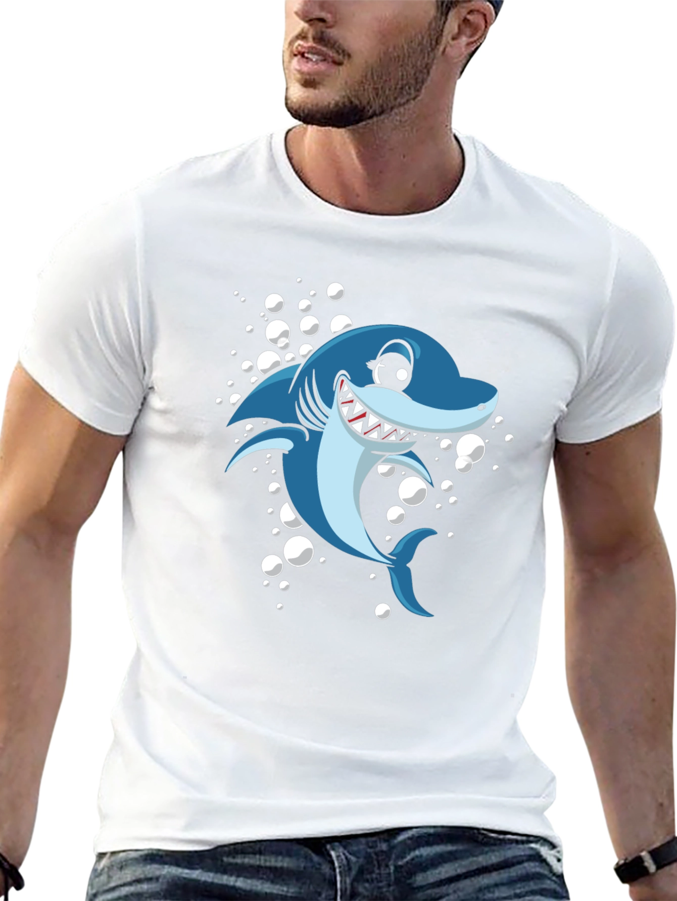 Shark Cartoon Graphic T-Shirt - Black Cotton