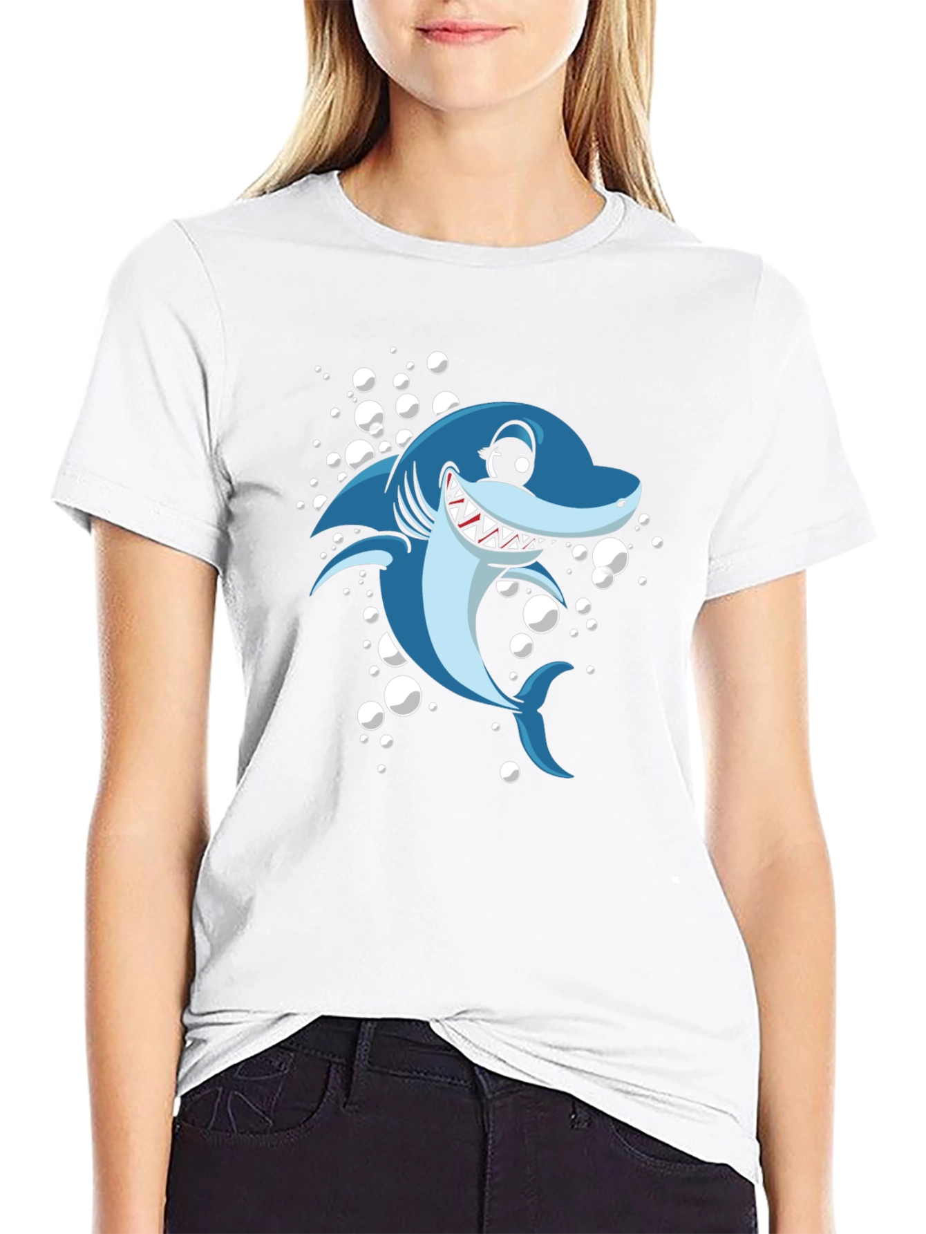 Shark Cartoon Graphic T-Shirt - Black Cotton