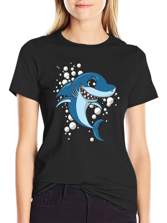 Shark Cartoon Graphic T-Shirt - Black Cotton