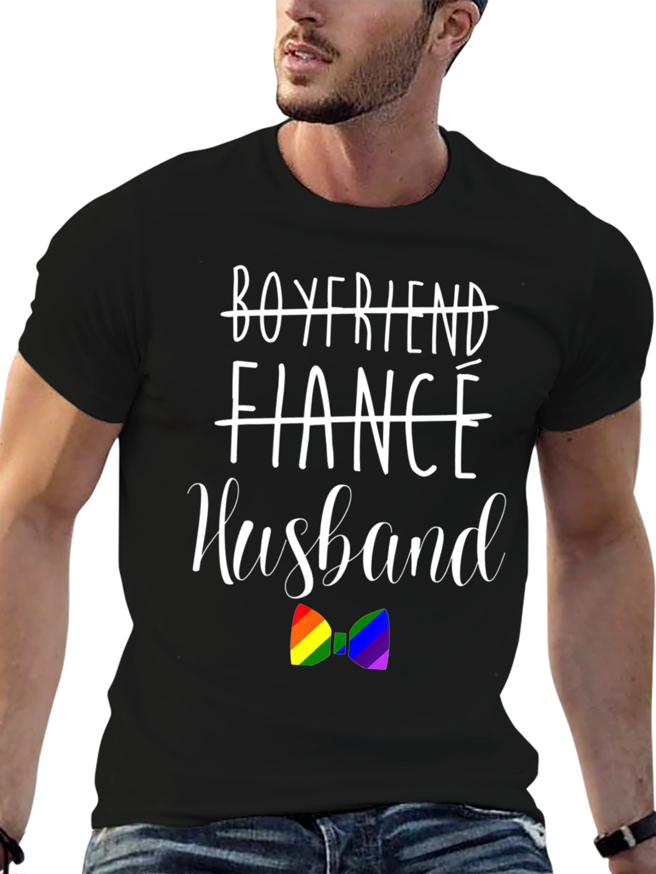 Husband LGBTQ+ Pride Rainbow Bow Tie Graphic T-Shirt