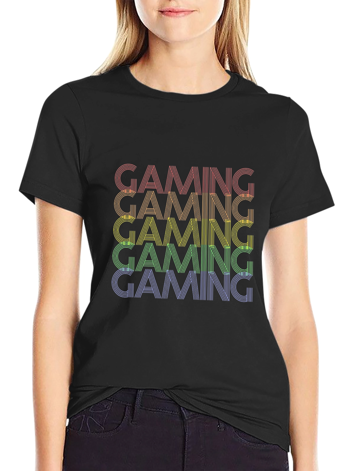 Gaming Rainbow Text Graphic Black T-Shirt