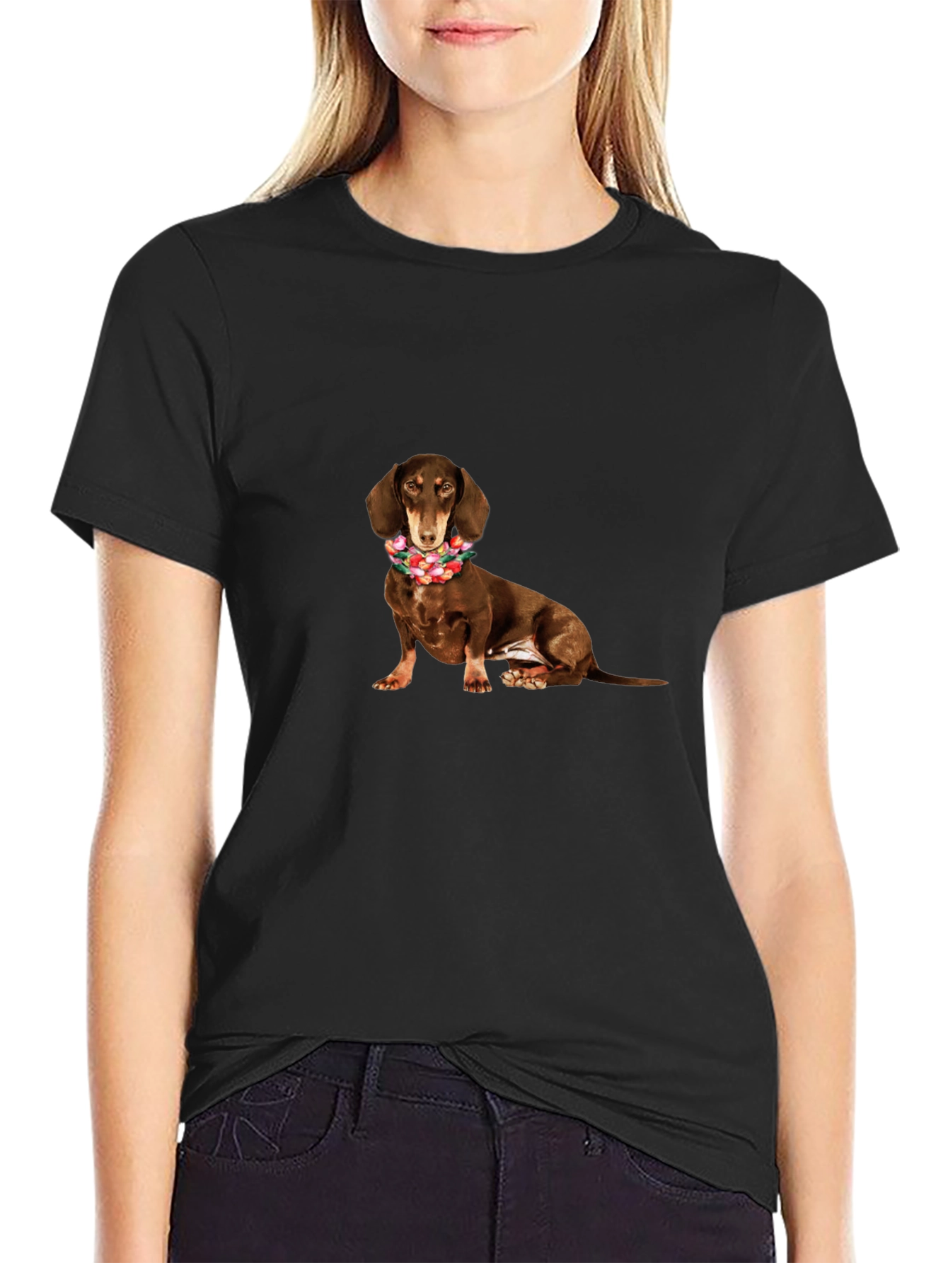 Dachshund Flower Crown Black T-Shirt