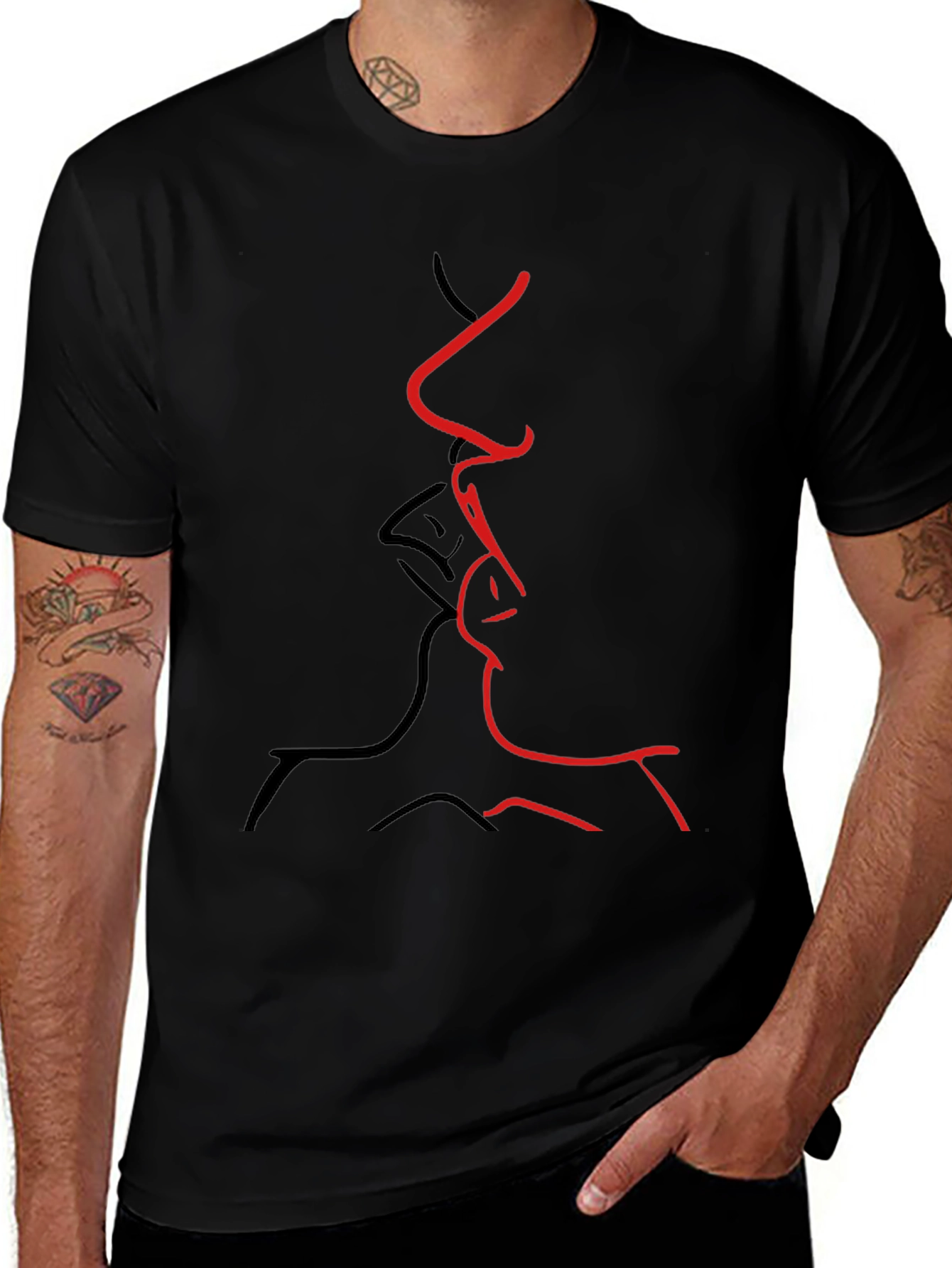Abstract Kiss Graphic Tee - Black Casual T-Shirt