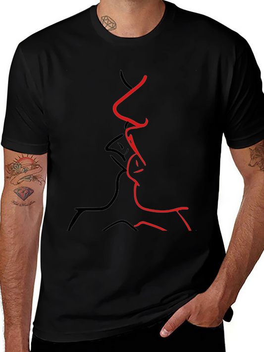 Abstract Kiss Graphic Tee - Black Casual T-Shirt