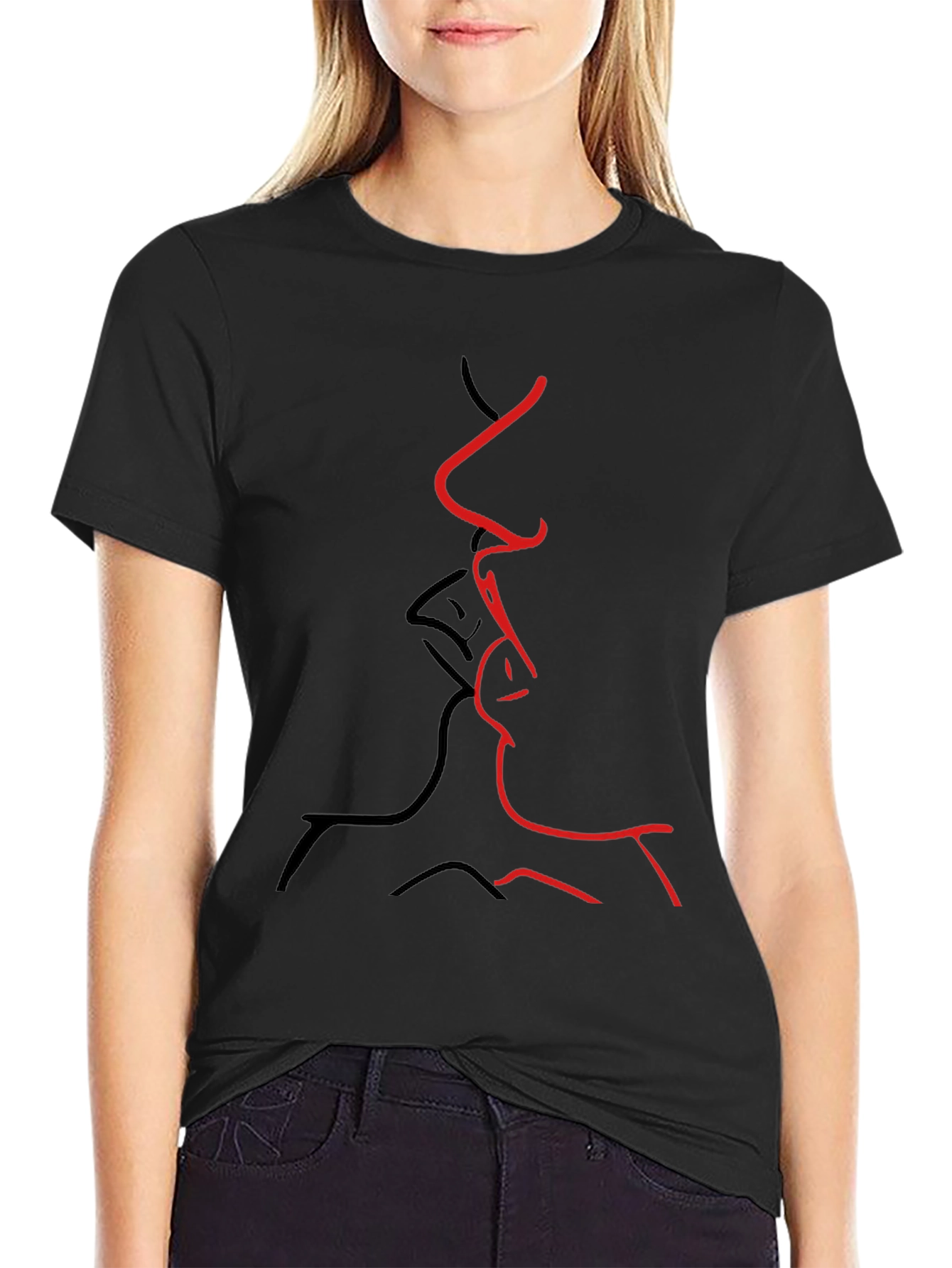 Abstract Kiss Graphic Tee - Black Casual T-Shirt