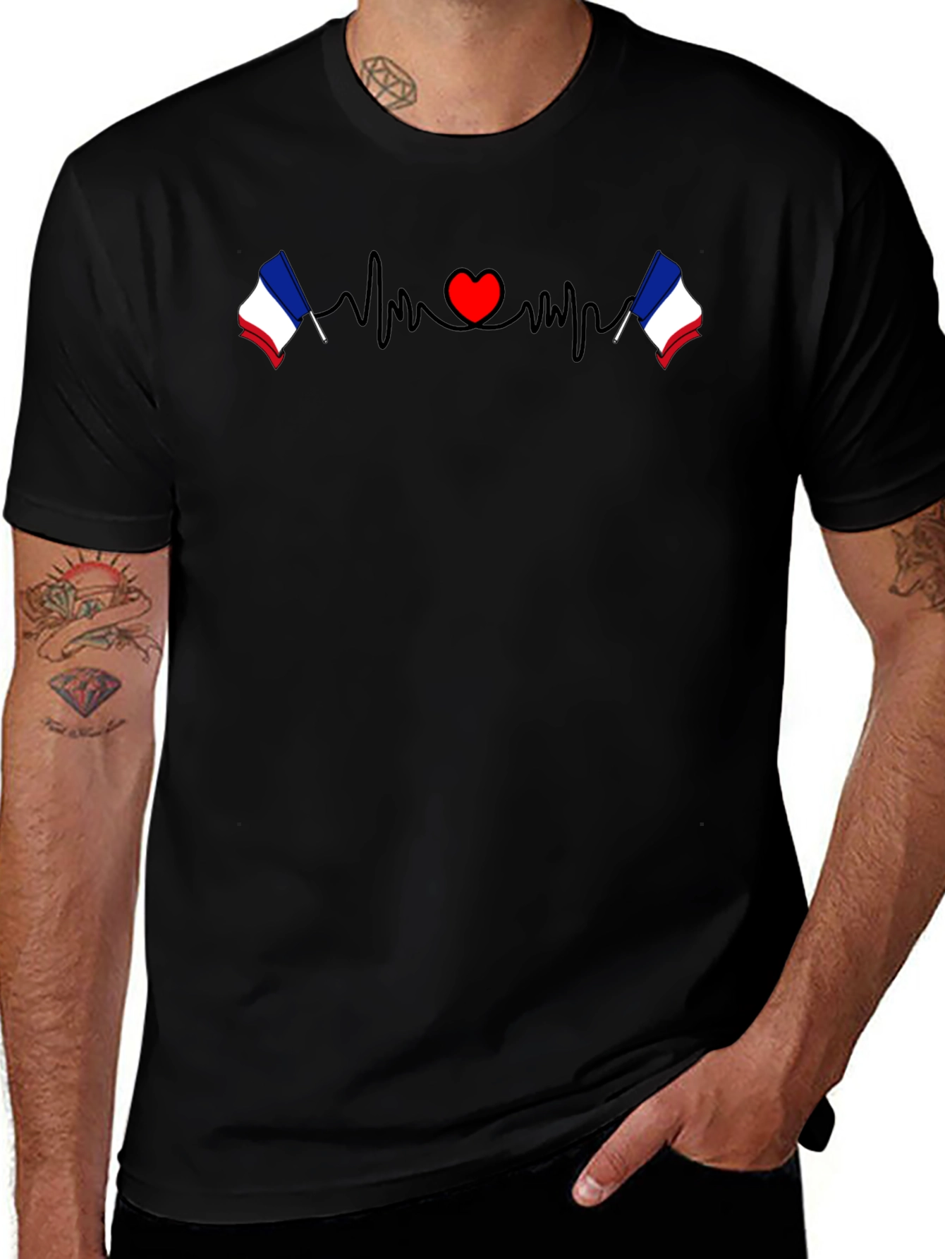 France Flag Heartbeat Graphic Tee - Black T-Shirt