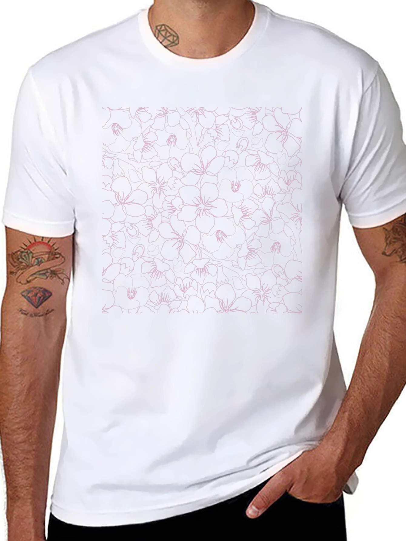 Black Tee with Pink Floral Outline Print