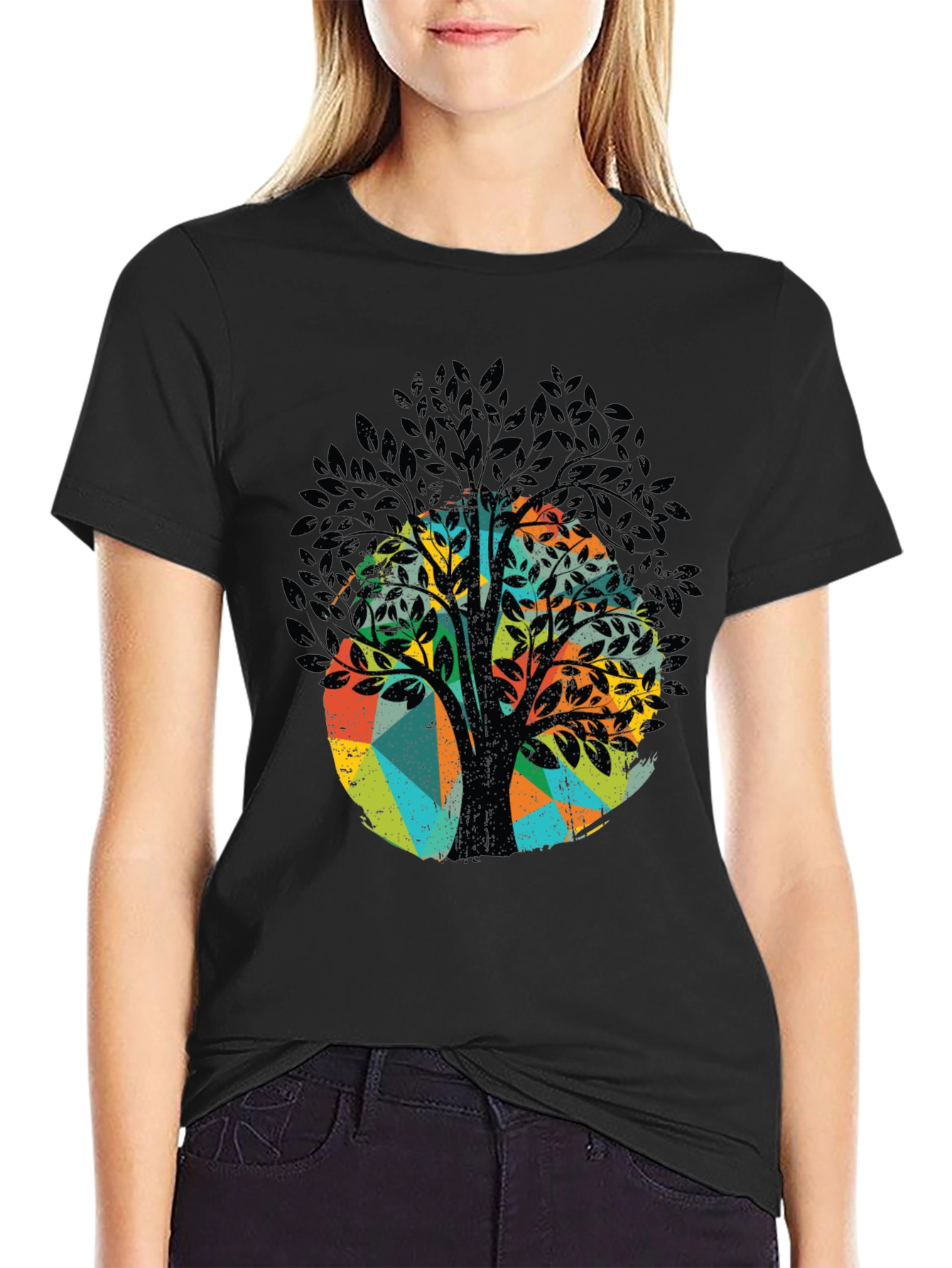 Geometric Tree Graphic Tee - Black Cotton Blend