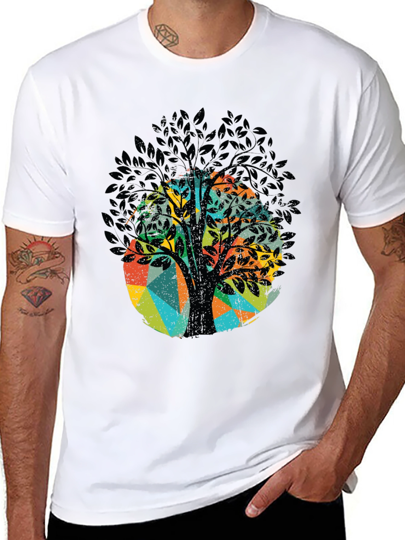 Geometric Tree Graphic Tee - Black Cotton Blend