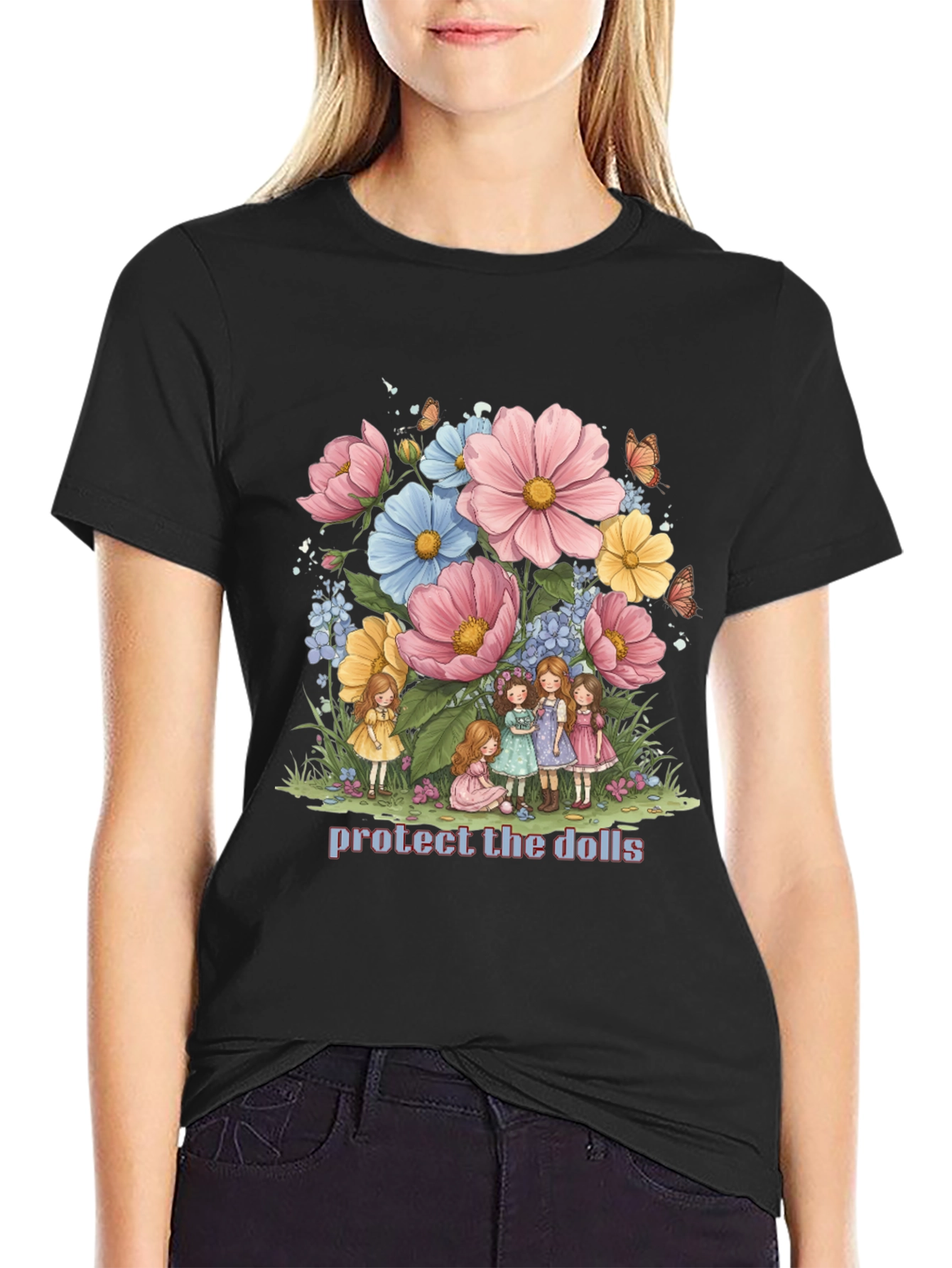 Protect the Dolls Graphic Tee - Black Cotton Blend