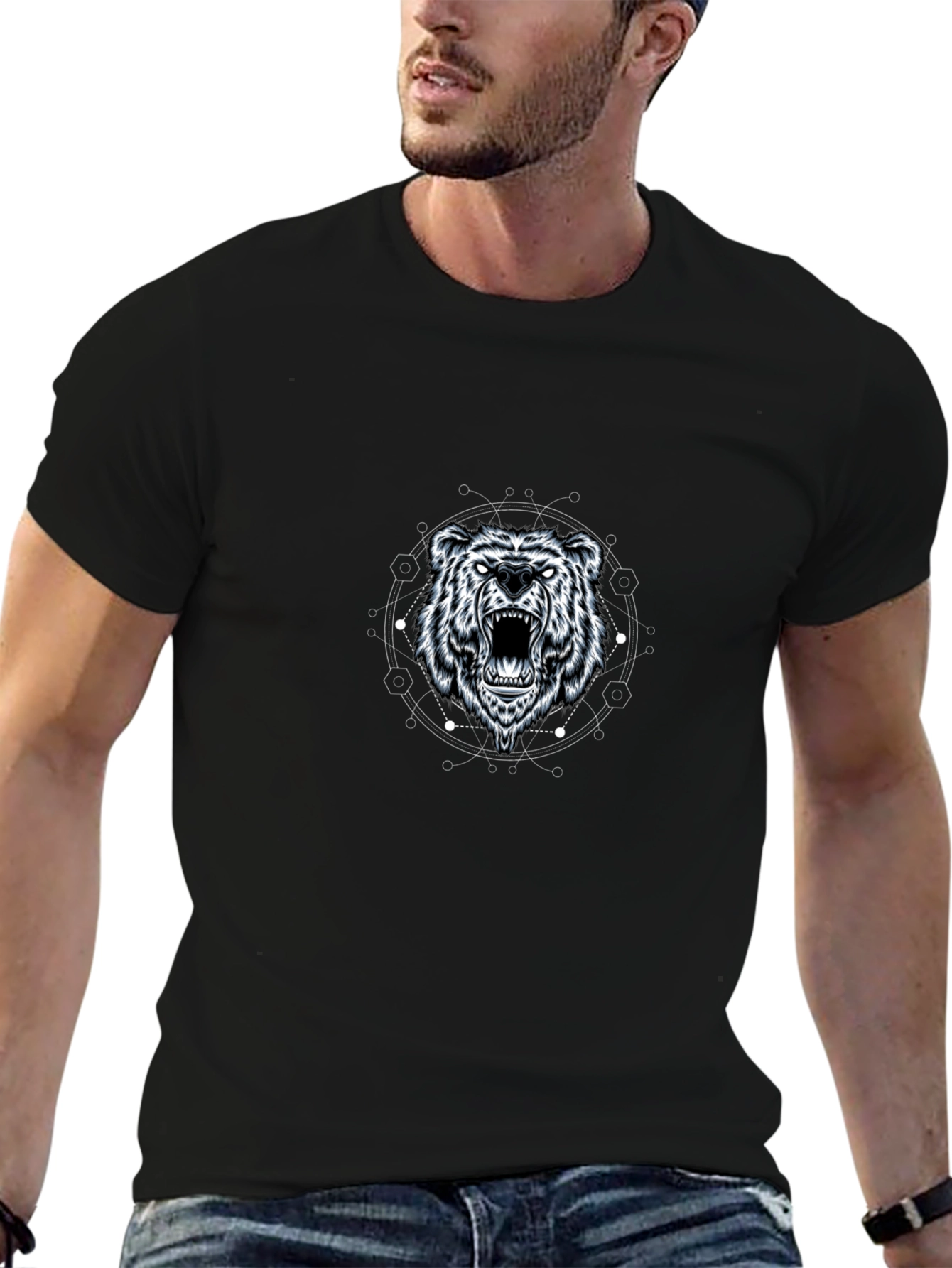 Geometric Bear Graphic Tee - Black Cotton Blend