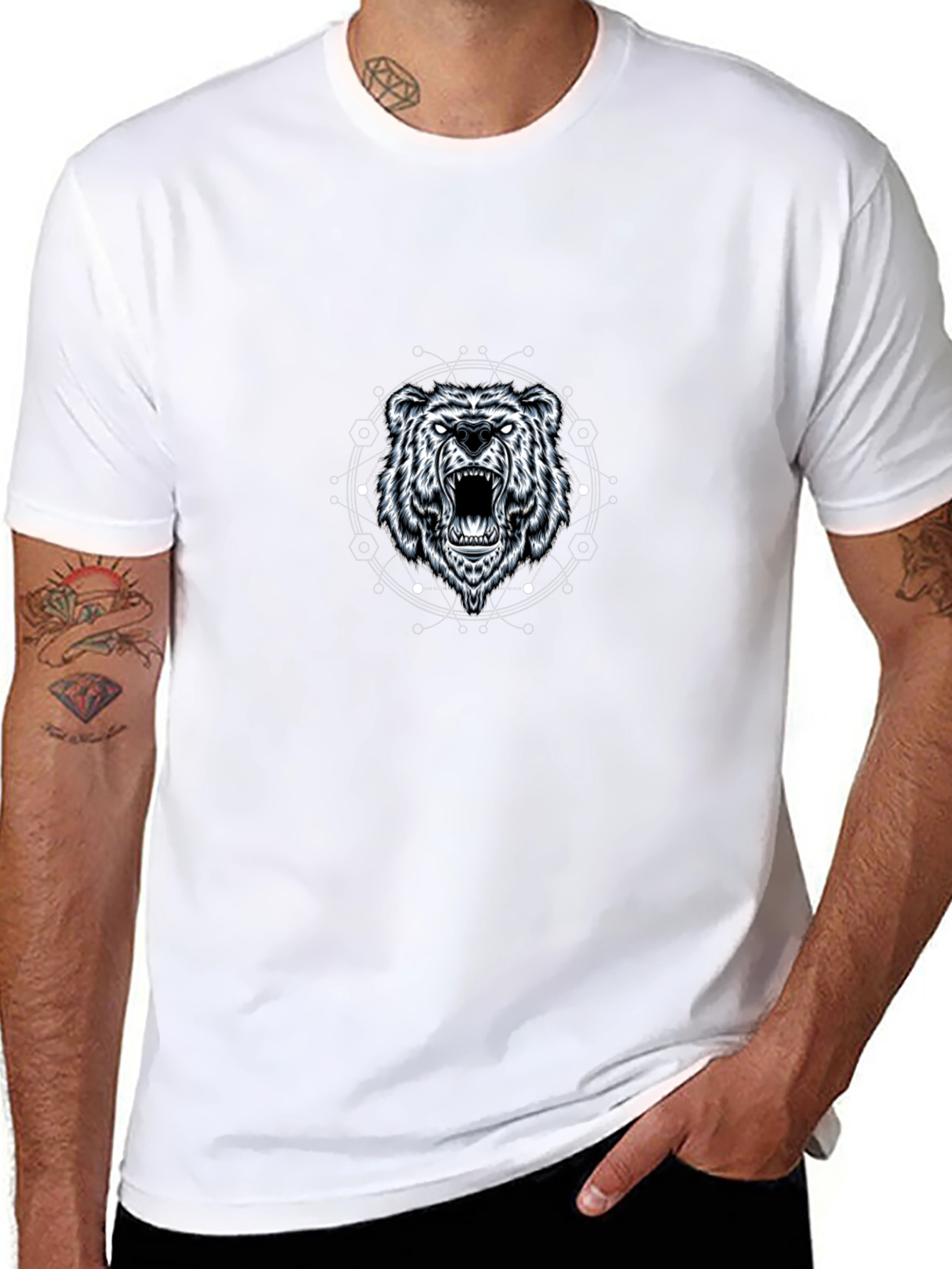 Geometric Bear Graphic Tee - Black Cotton Blend