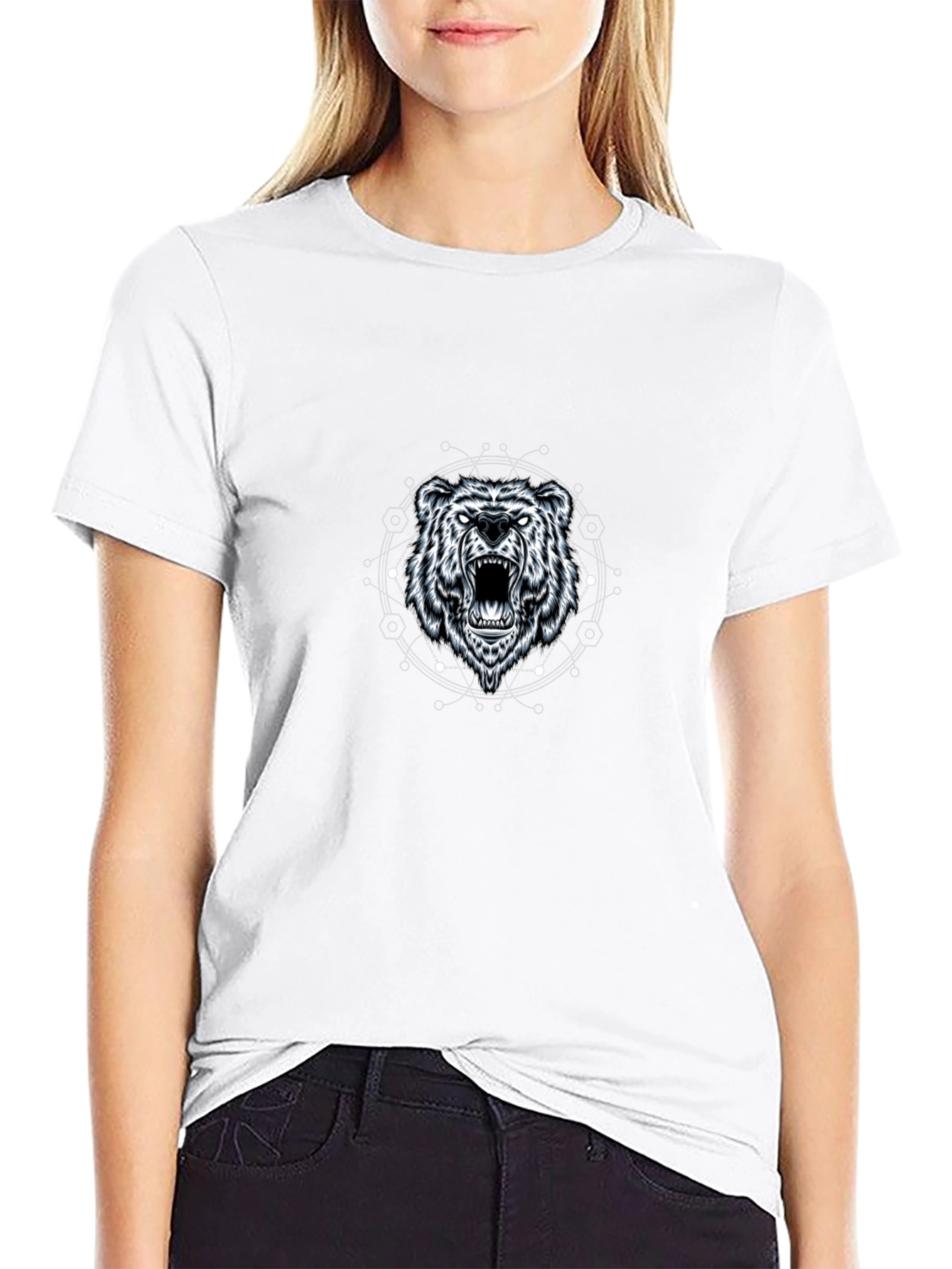 Geometric Bear Graphic Tee - Black Cotton Blend