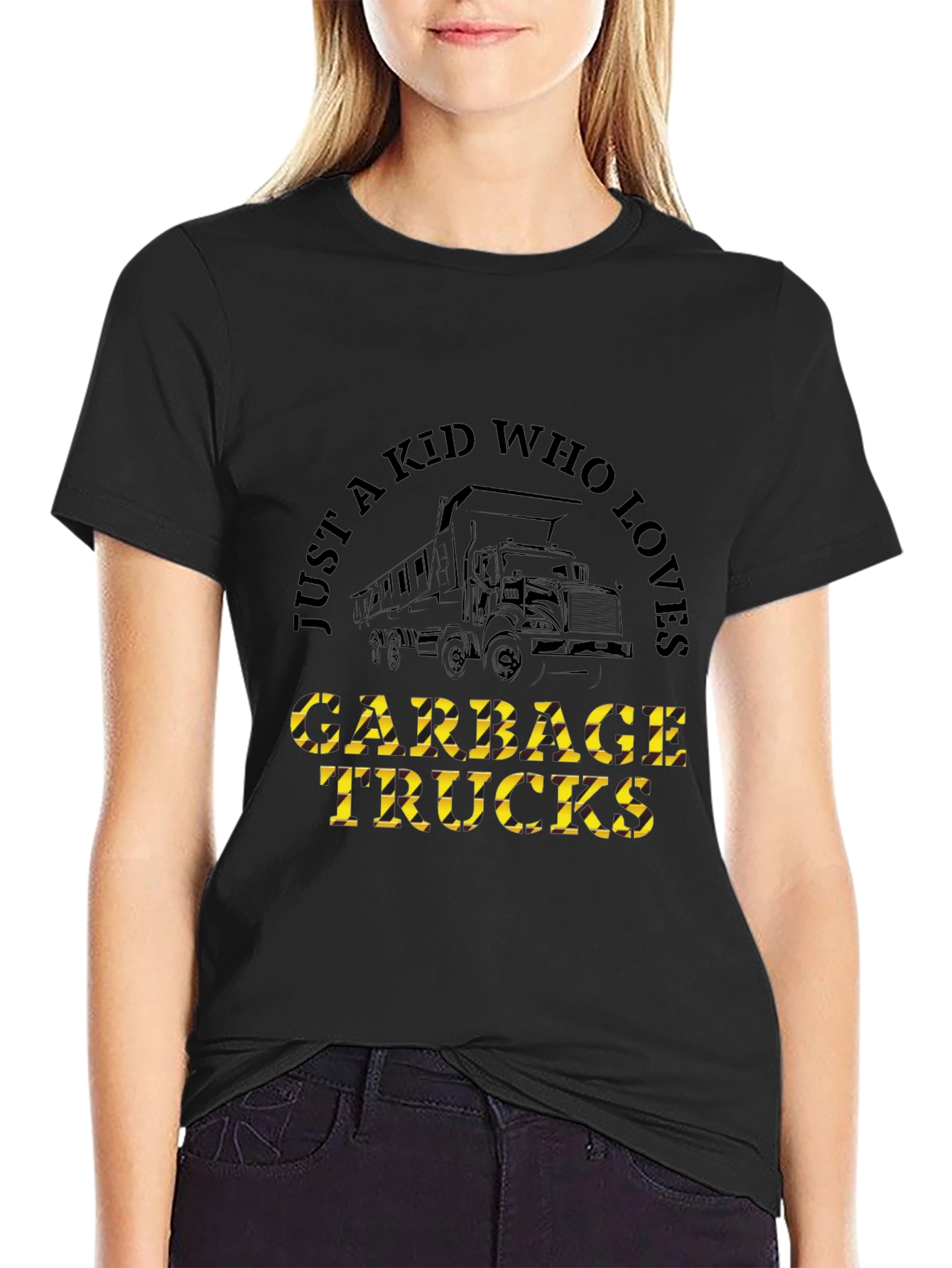 Just a Kid Who Loves Garbage Trucks Black T-Shirt