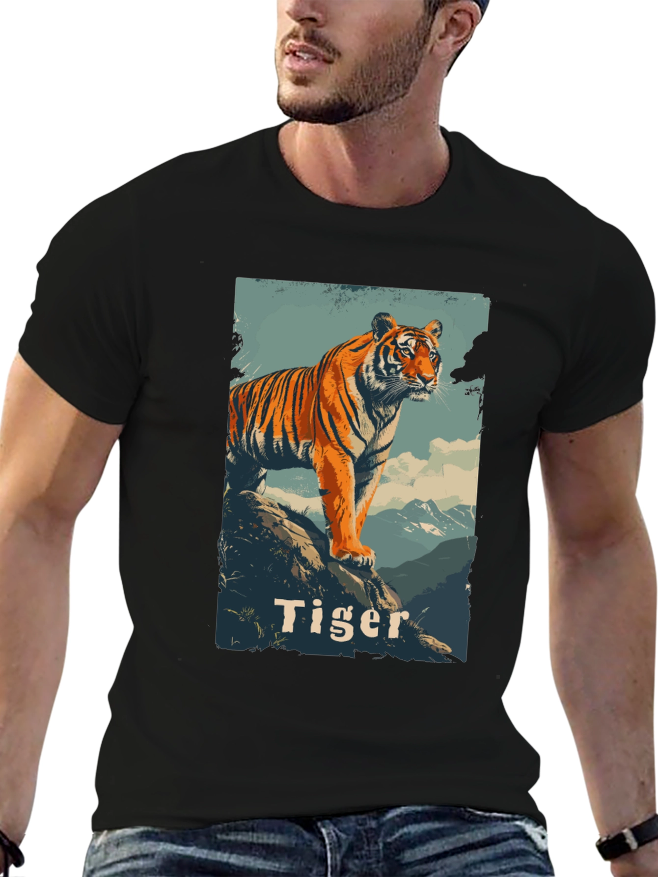 Tiger Graphic Print Mens Black T-Shirt