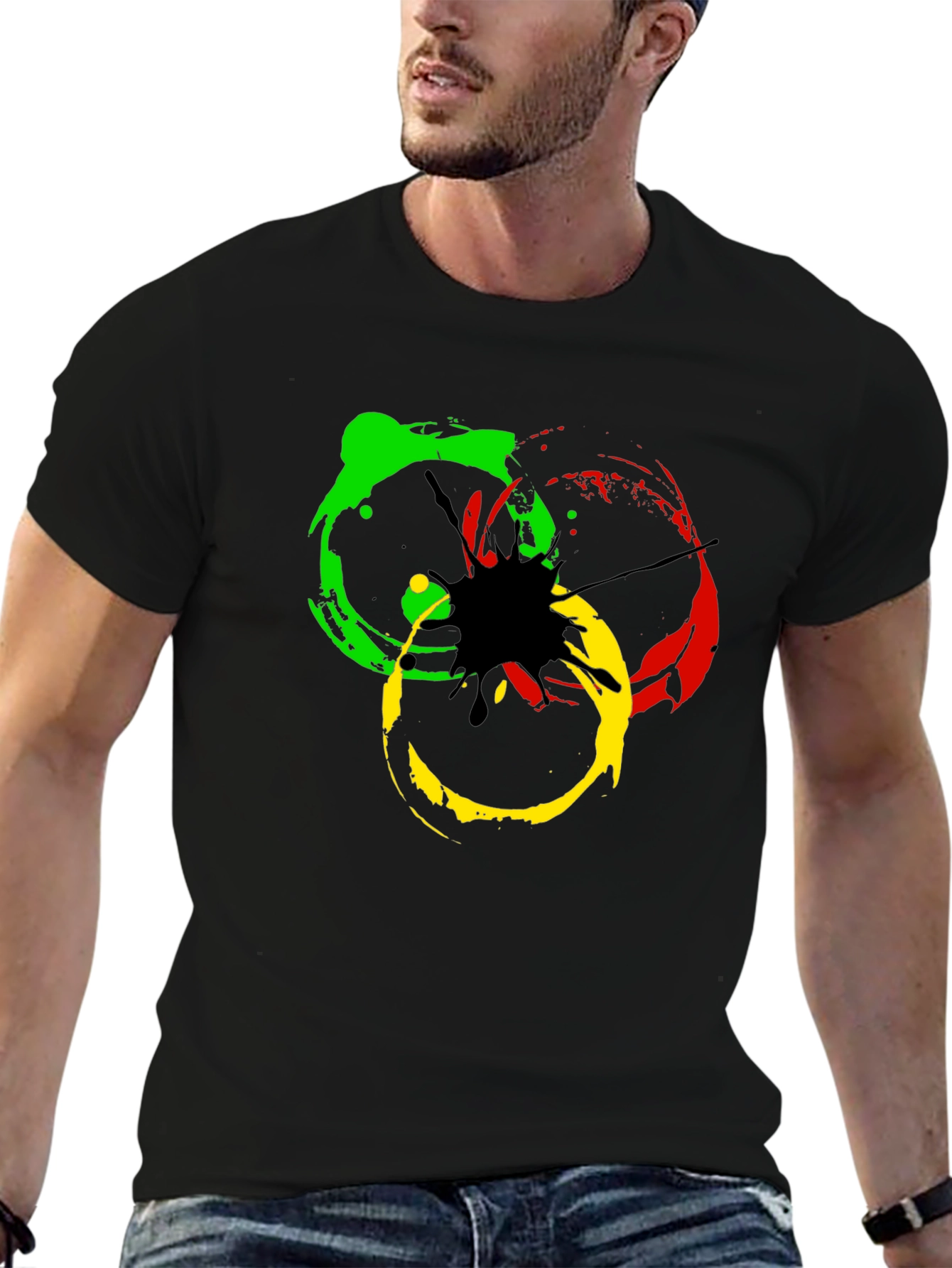 Rasta Splash Graphic Tee - Black Cotton T-Shirt