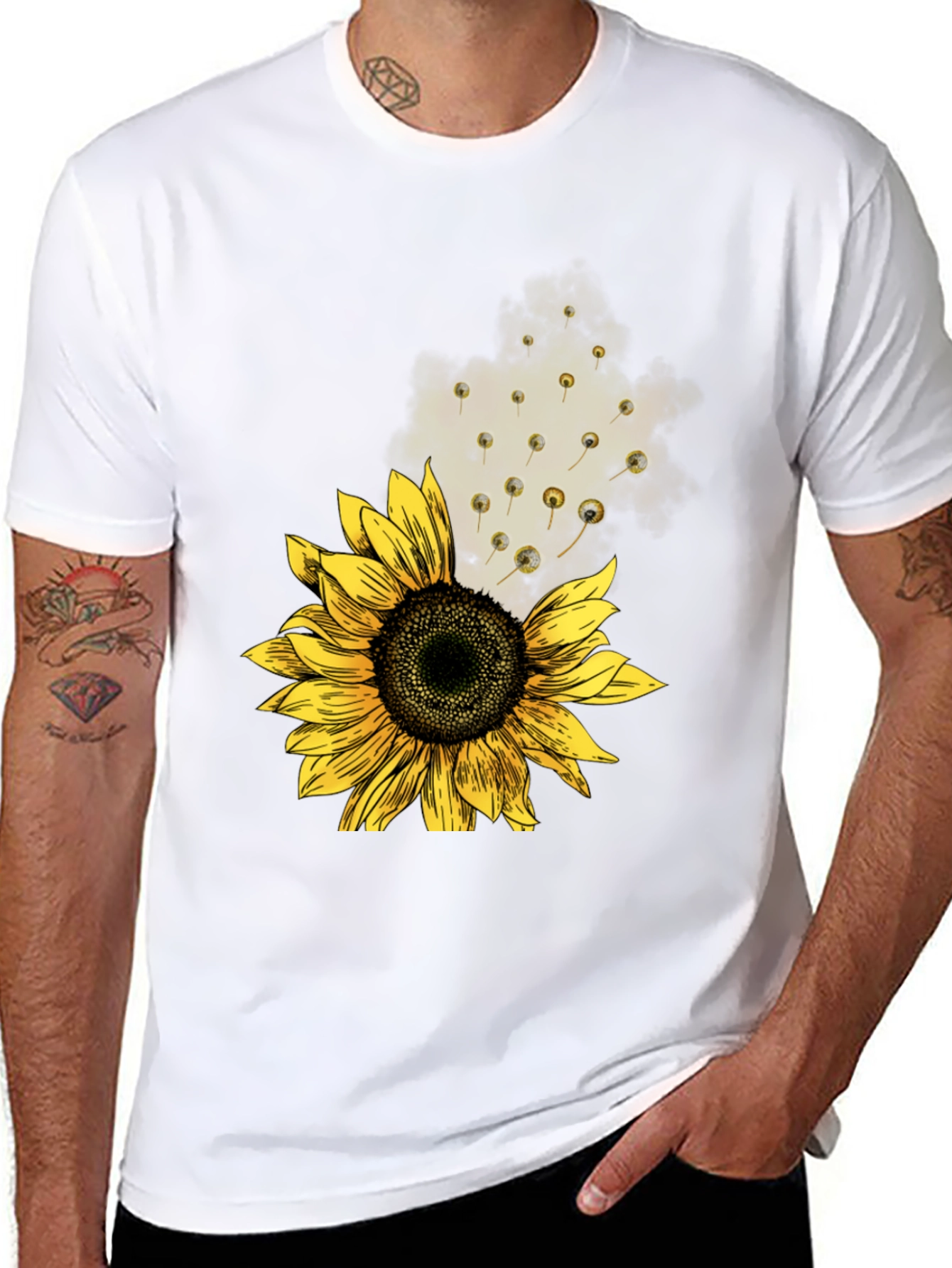 Sunflower Print Mens Black Tee