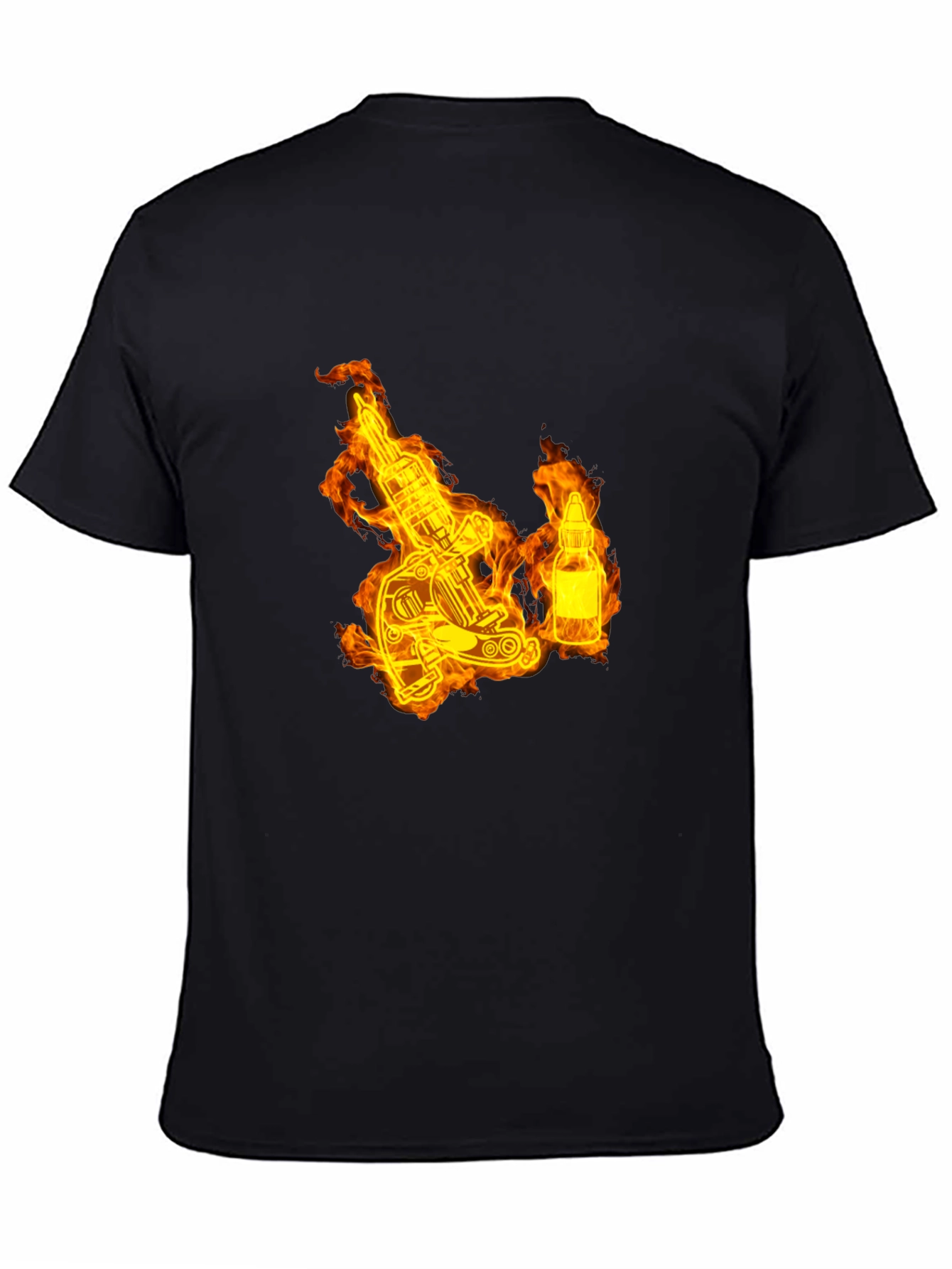 Flaming Tattoo Machine Graphic Tee - Black Cotton T-Shirt