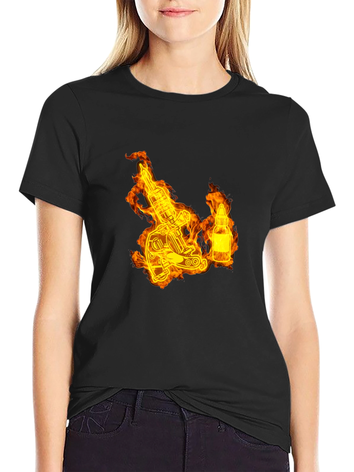 Flaming Tattoo Machine Graphic Tee - Black Cotton T-Shirt