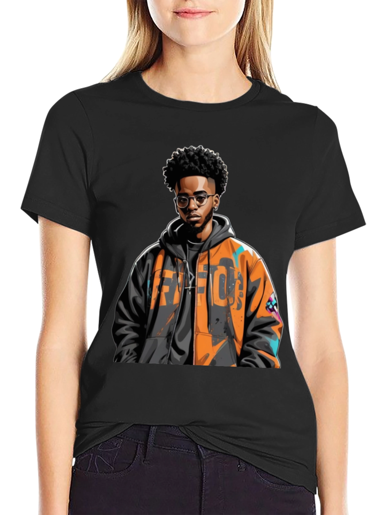 Stylish Black T-Shirt with Urban Art Design