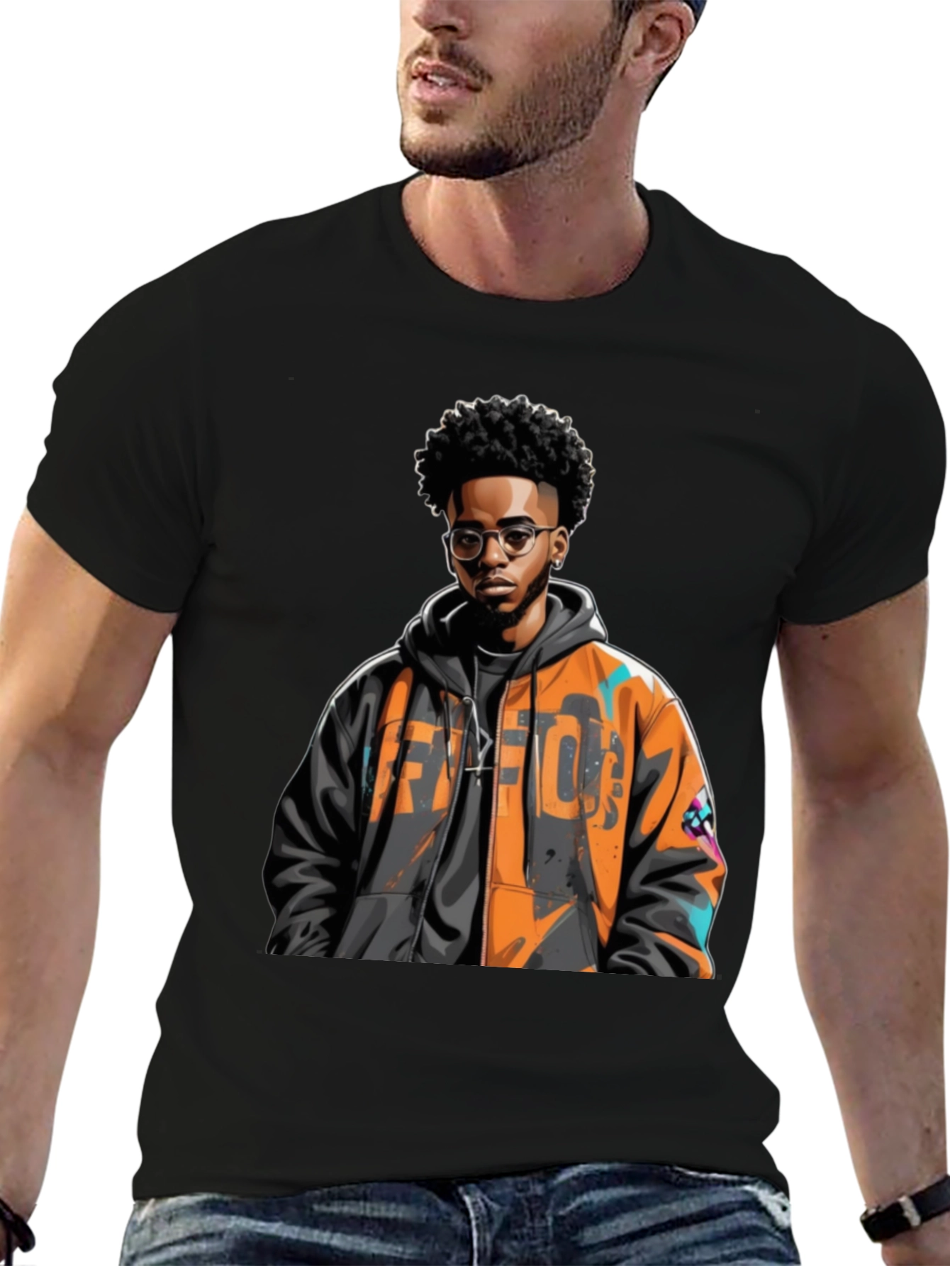 Stylish Black T-Shirt with Urban Art Design