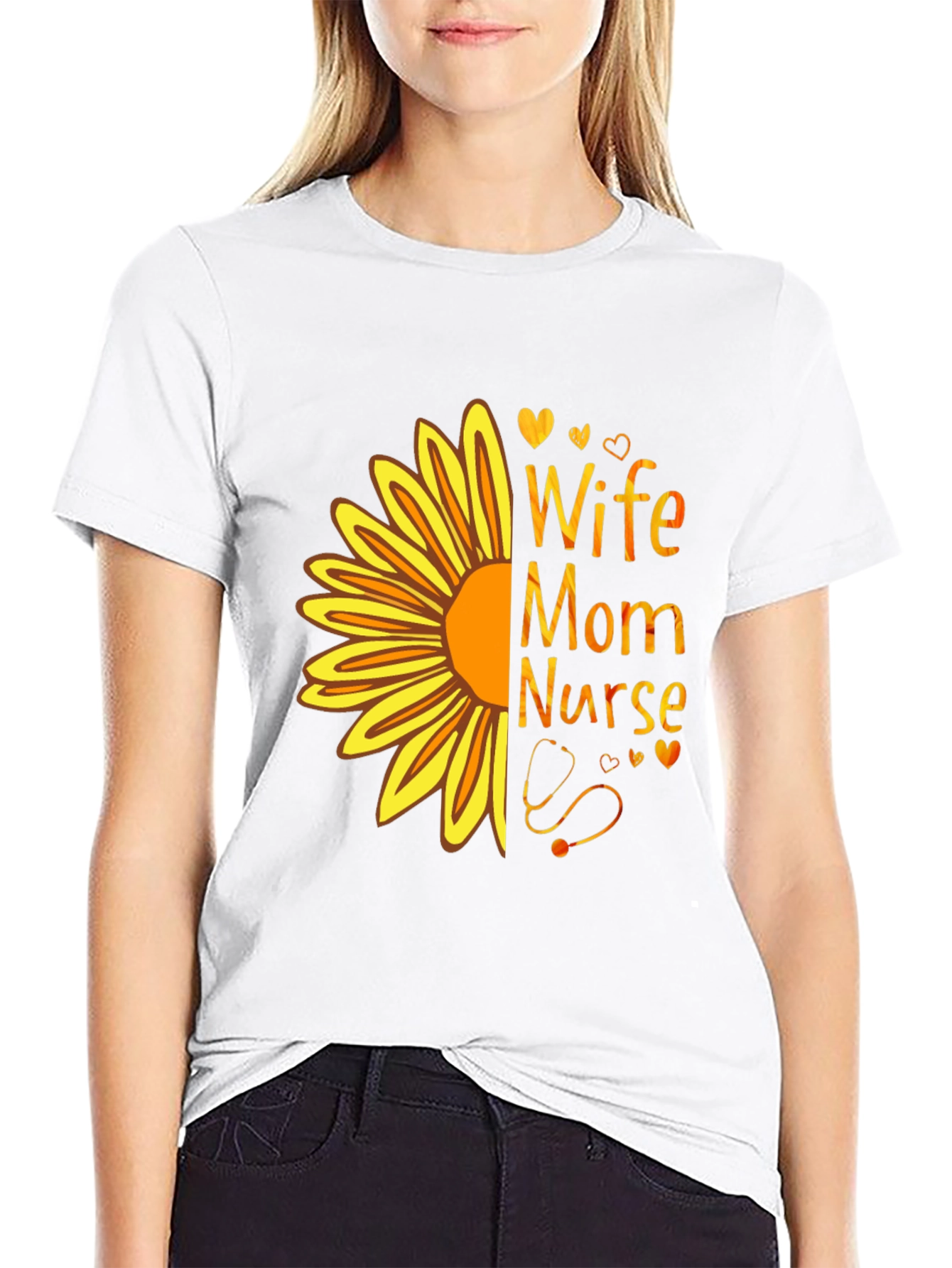 Wife Mom Nurse Sunflower Graphic Tee - Black T-Shirt