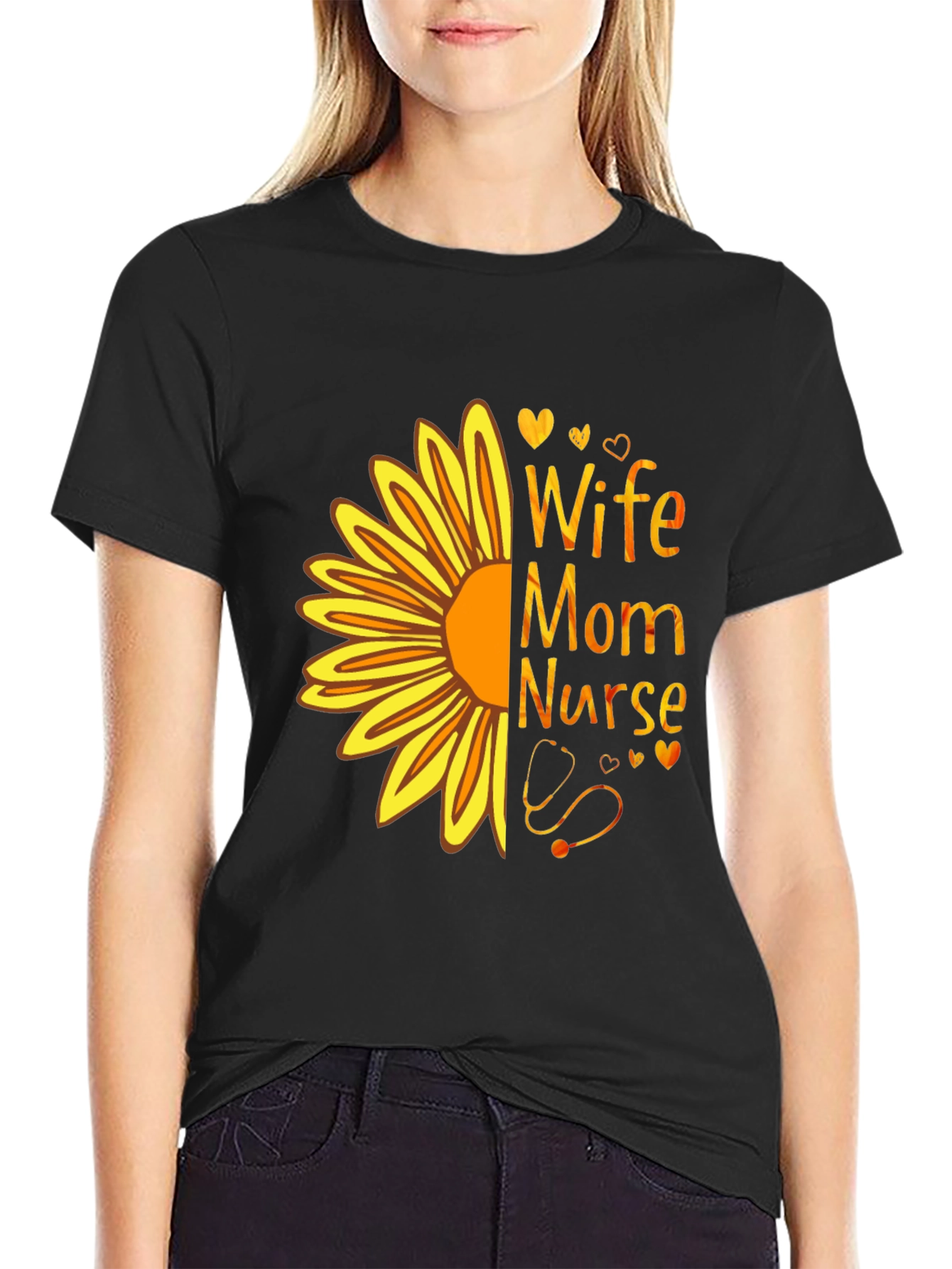 Wife Mom Nurse Sunflower Graphic Tee - Black T-Shirt