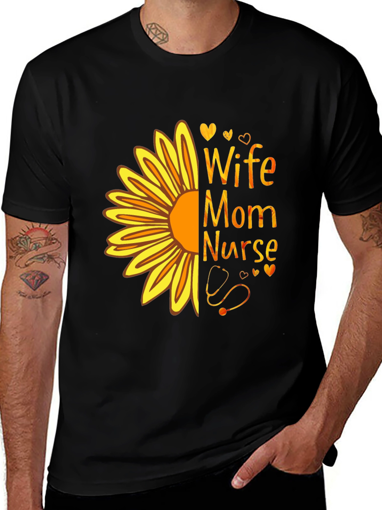 Wife Mom Nurse Sunflower Graphic Tee - Black T-Shirt