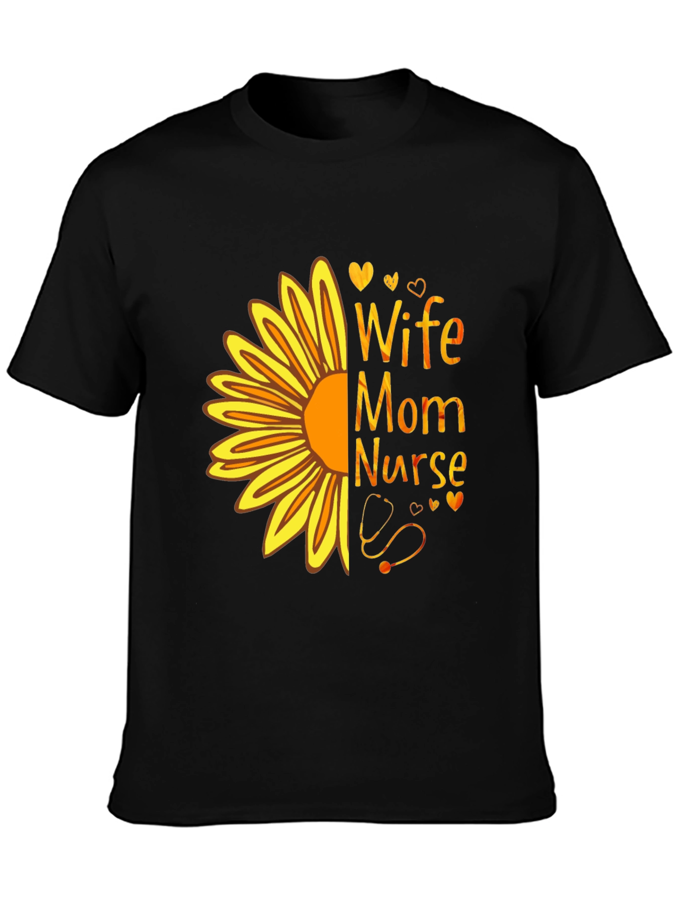 Wife Mom Nurse Sunflower Graphic Tee - Black T-Shirt