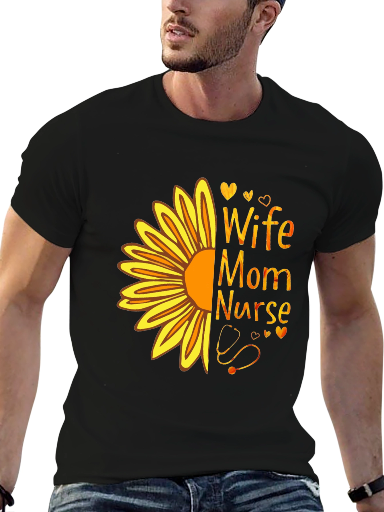 Wife Mom Nurse Sunflower Graphic Tee - Black T-Shirt