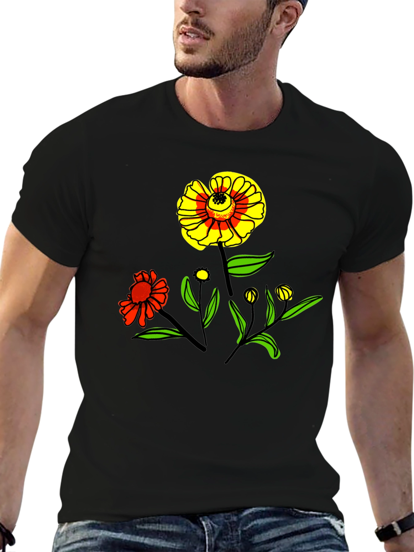 Floral Graphic Print Black T-Shirt