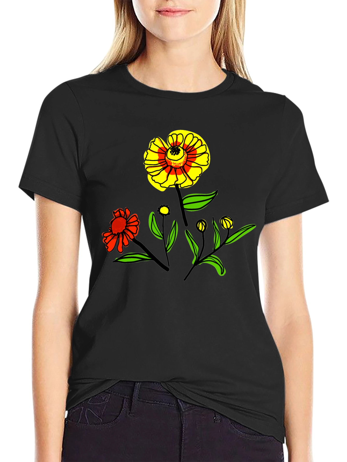 Floral Graphic Print Black T-Shirt