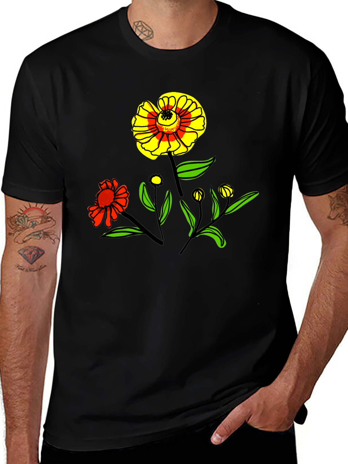 Floral Graphic Print Black T-Shirt