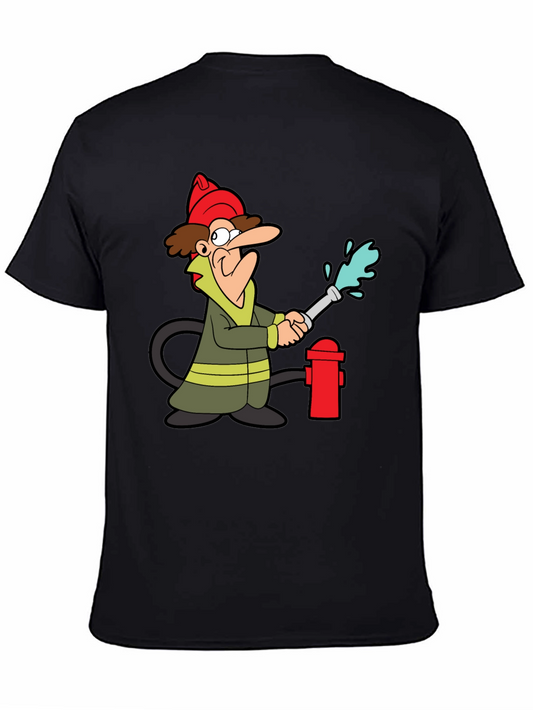 Cartoon Firefighter Graphic Tee - Black Cotton T-Shirt