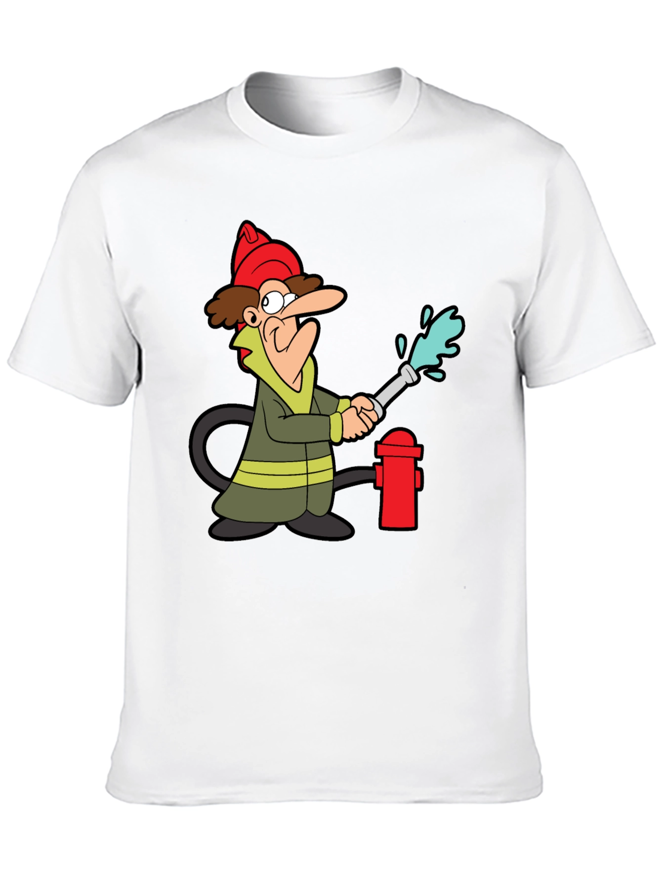 Cartoon Firefighter Graphic Tee - Black Cotton T-Shirt