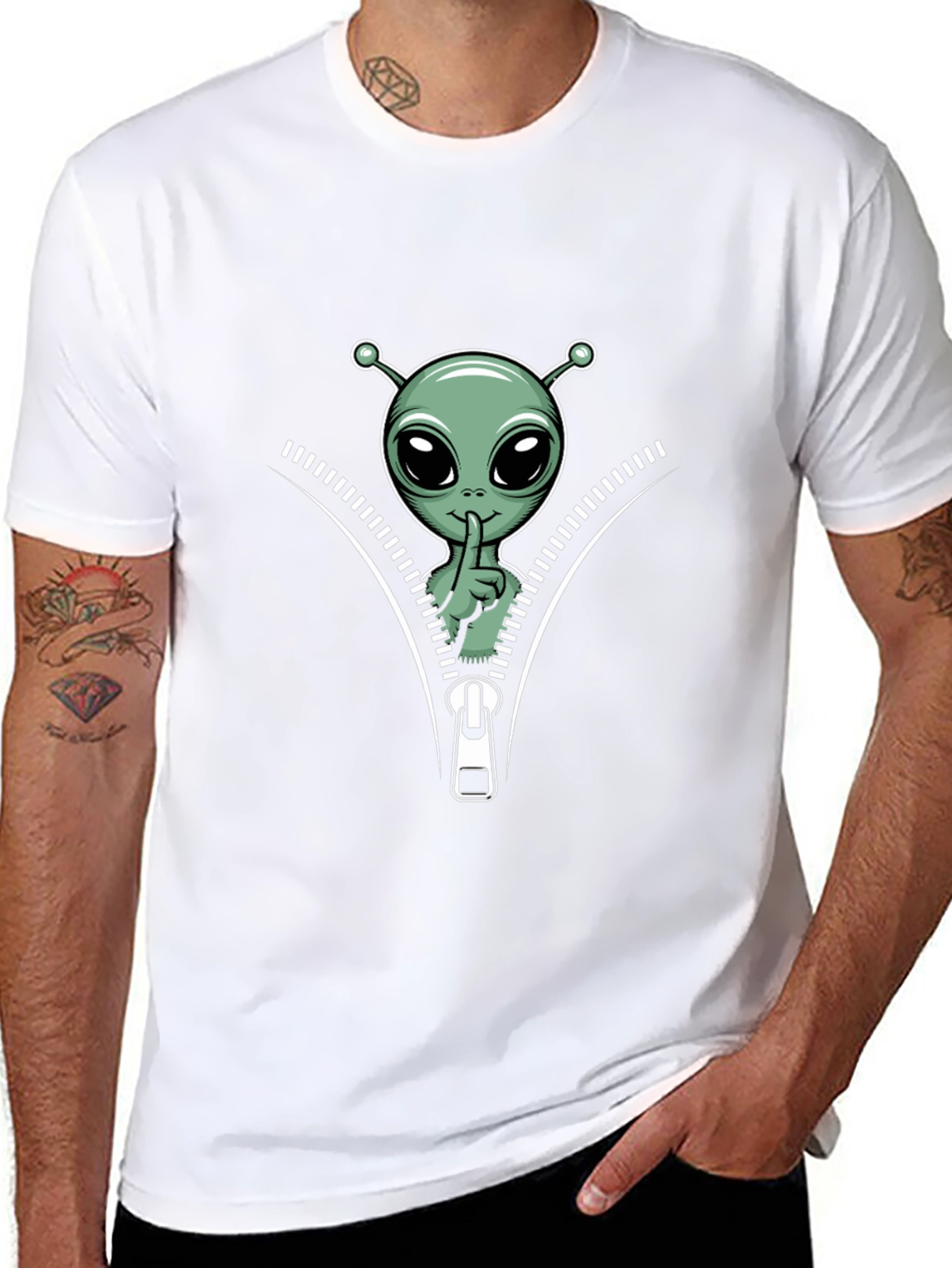 Alien Graphic Tee - Zipper Design Black T-Shirt