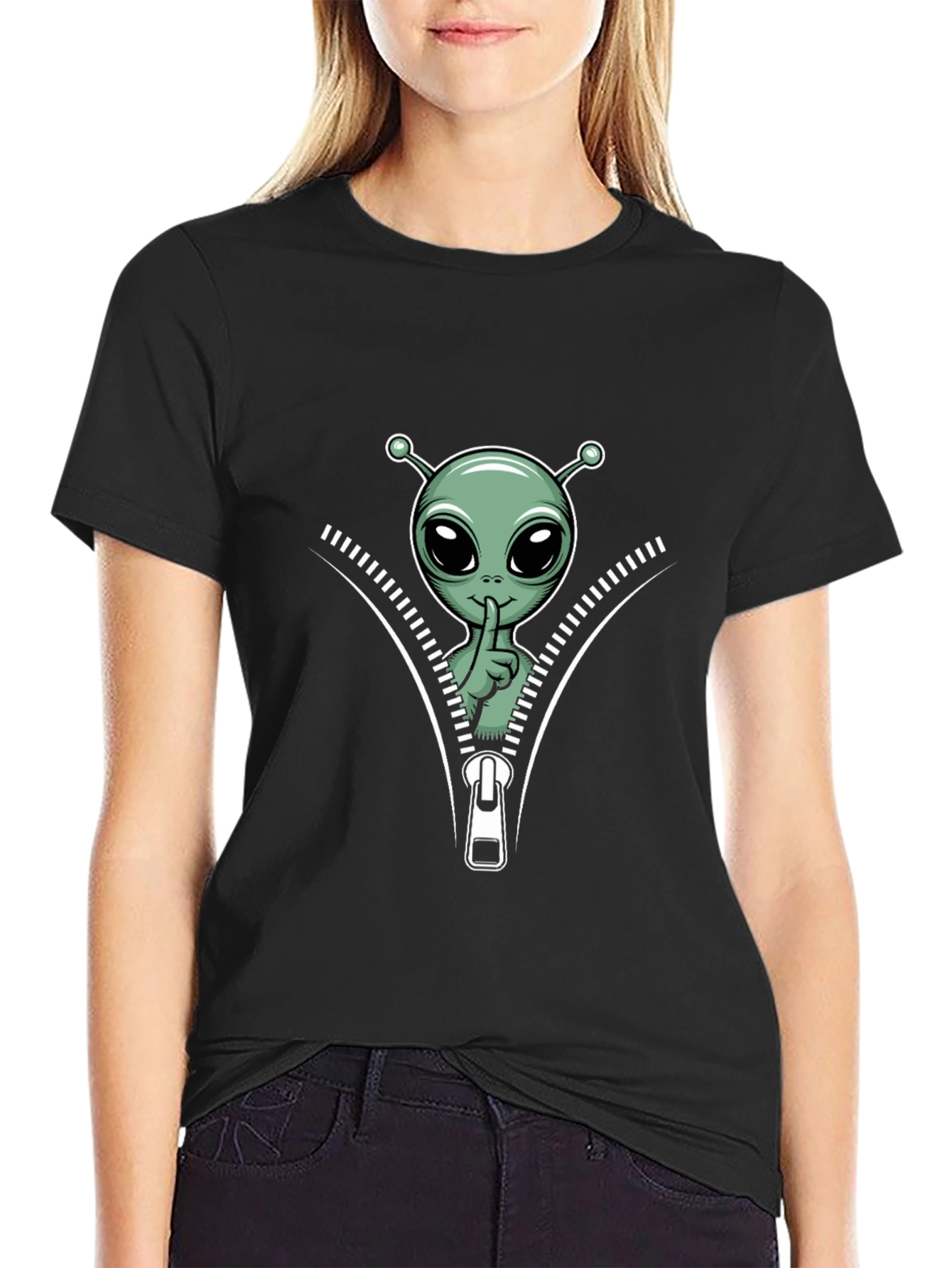 Alien Graphic Tee - Zipper Design Black T-Shirt