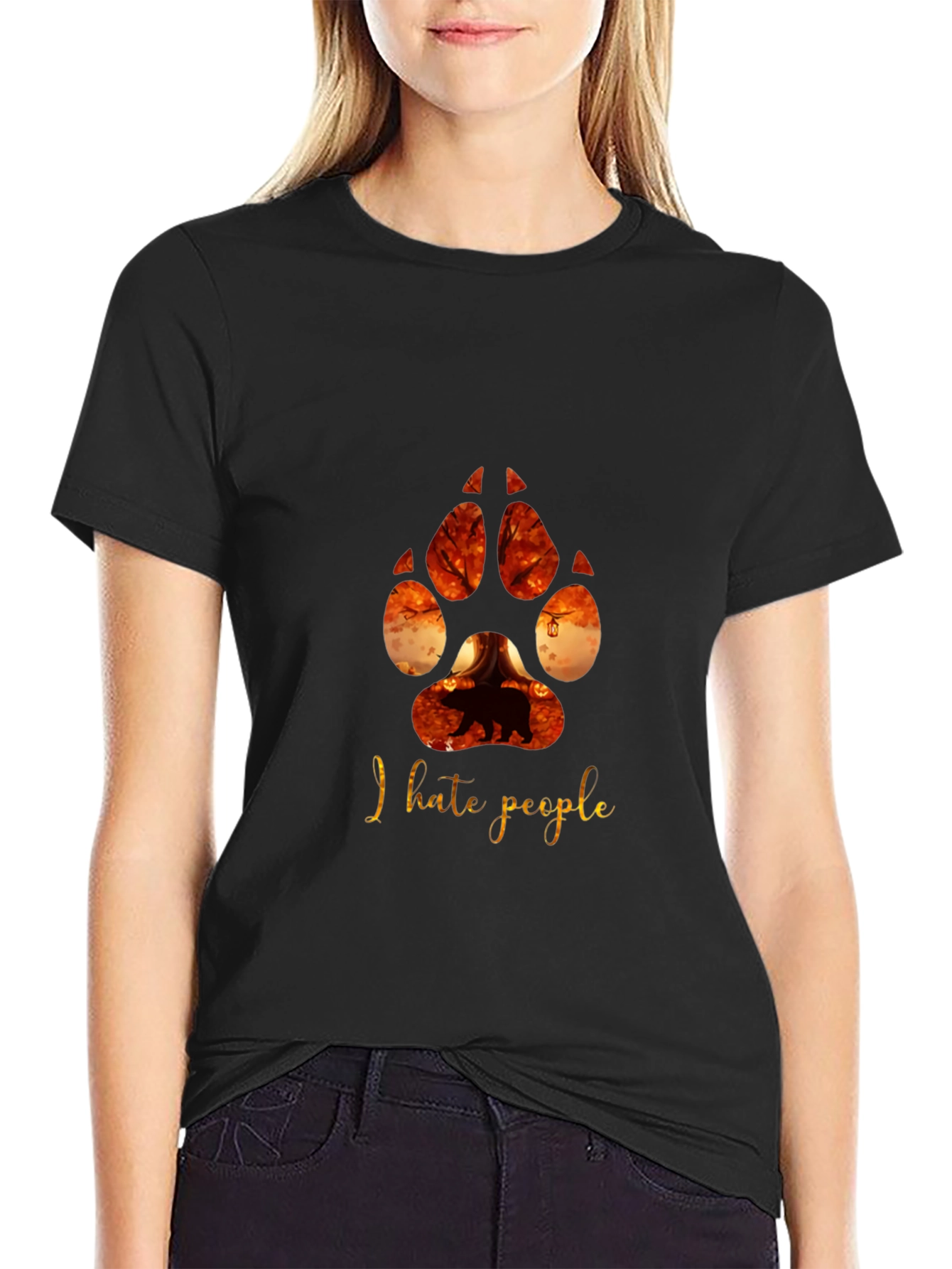 I Hate People Paw Print Black T-Shirt