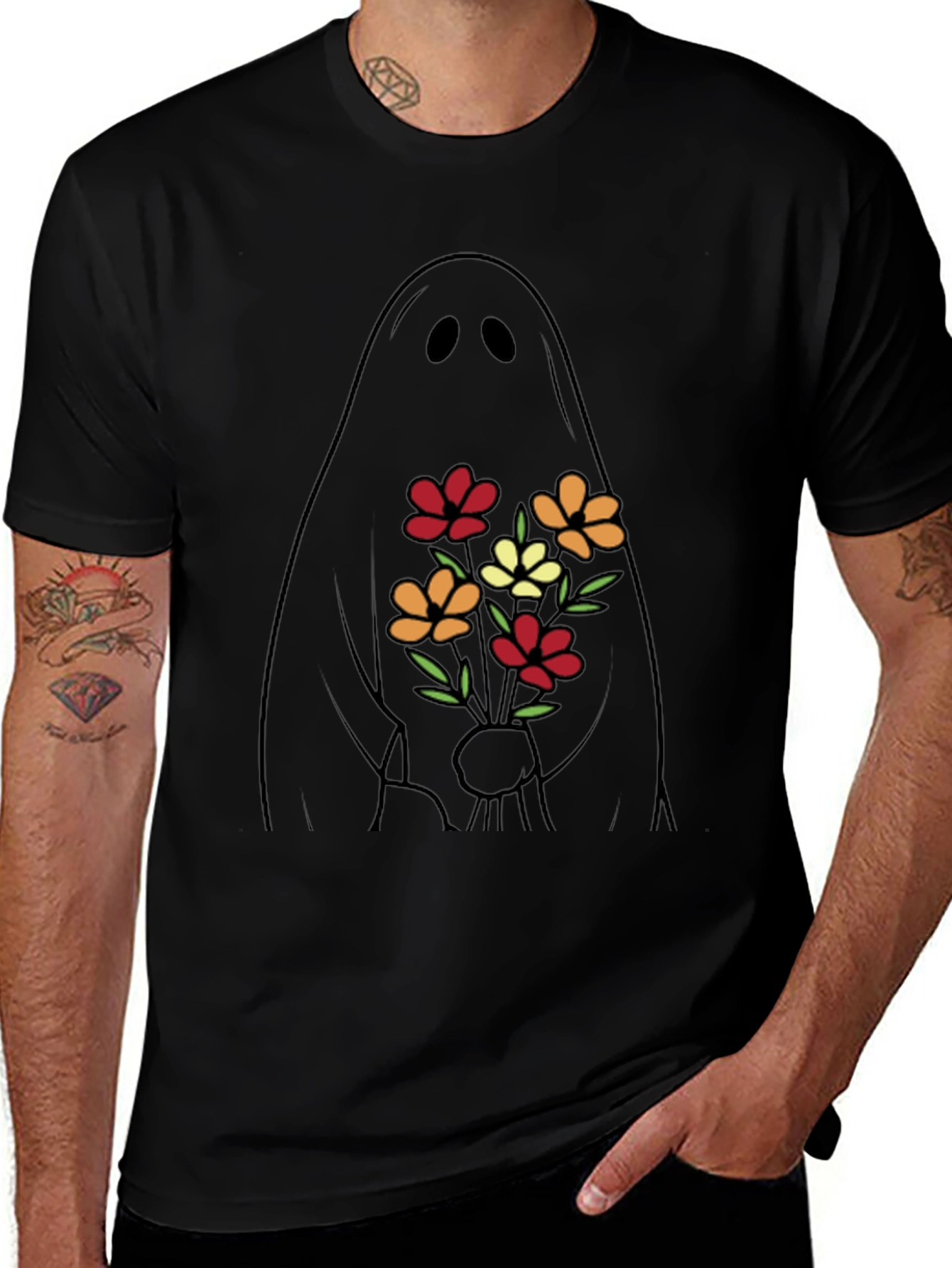 Ghost with Flowers Graphic Tee - Black