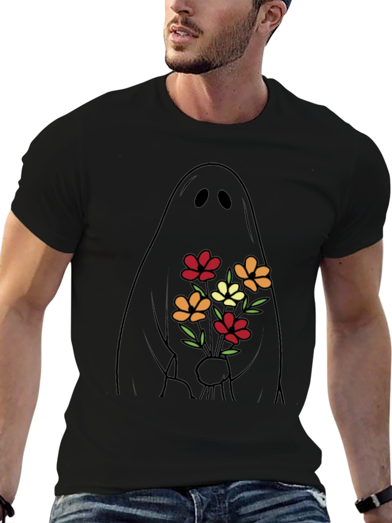 Ghost with Flowers Graphic Tee - Black