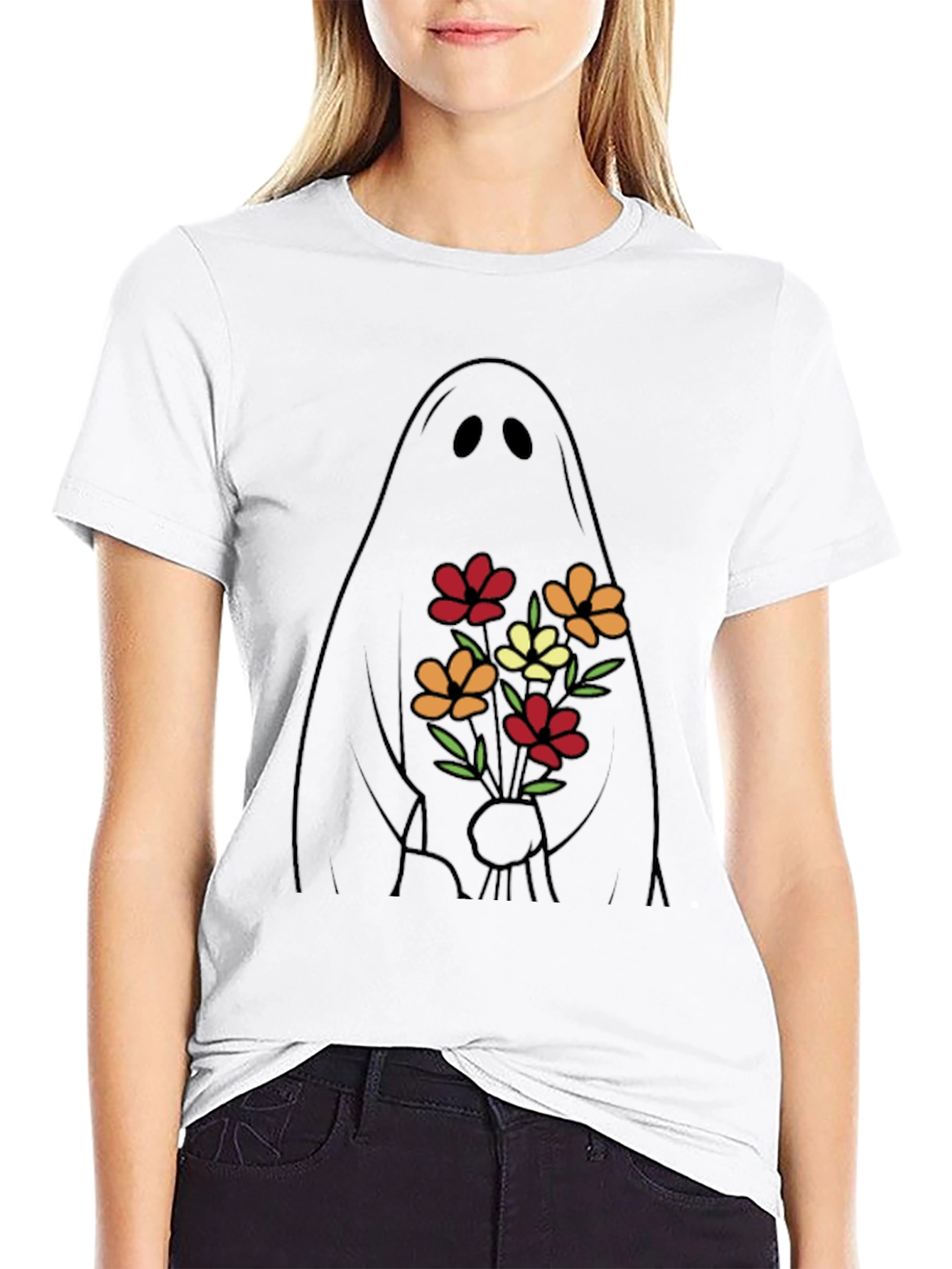 Ghost with Flowers Graphic Tee - Black