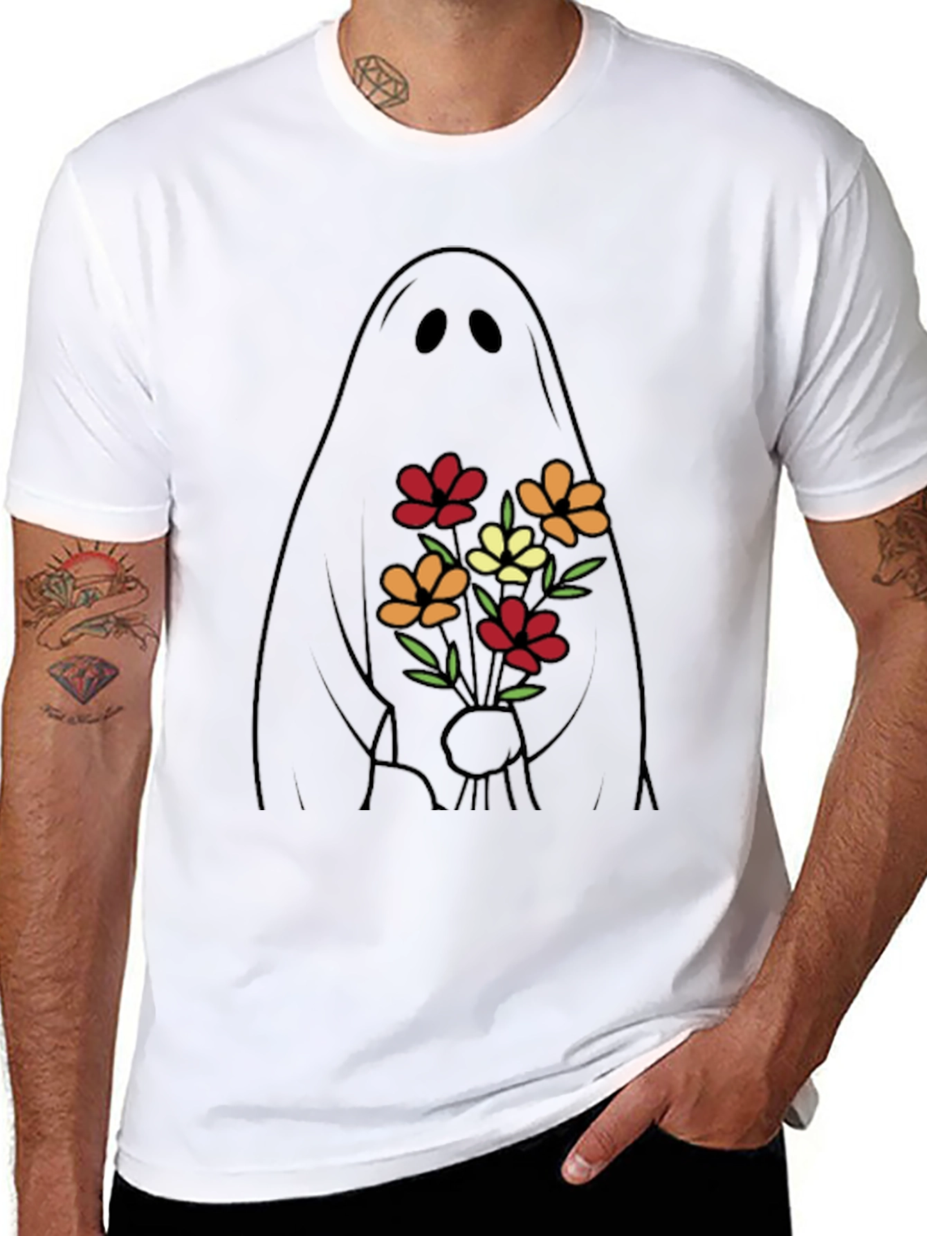 Ghost with Flowers Graphic Tee - Black