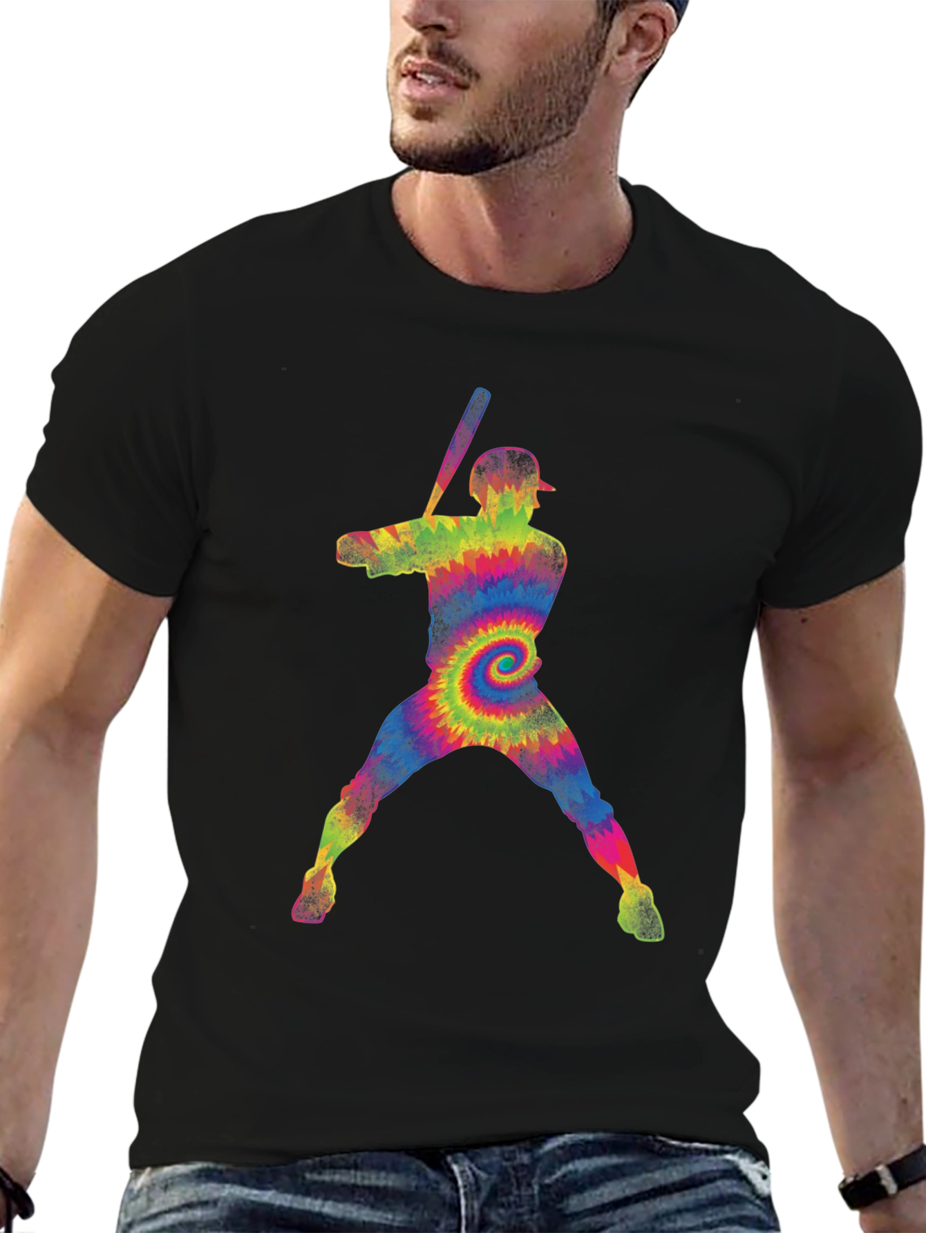 Tie-Dye Baseball Player Graphic T-Shirt