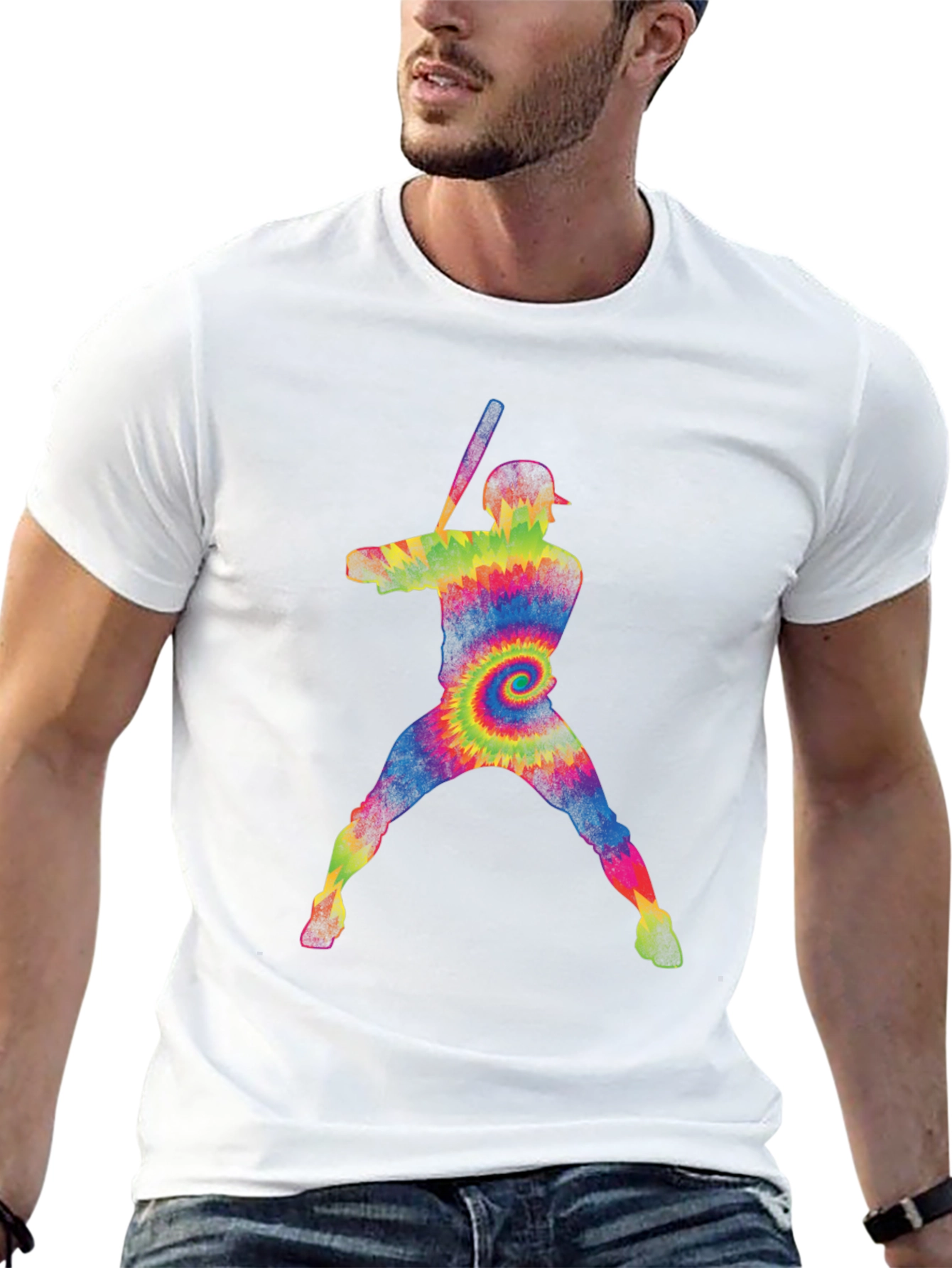 Tie-Dye Baseball Player Graphic T-Shirt